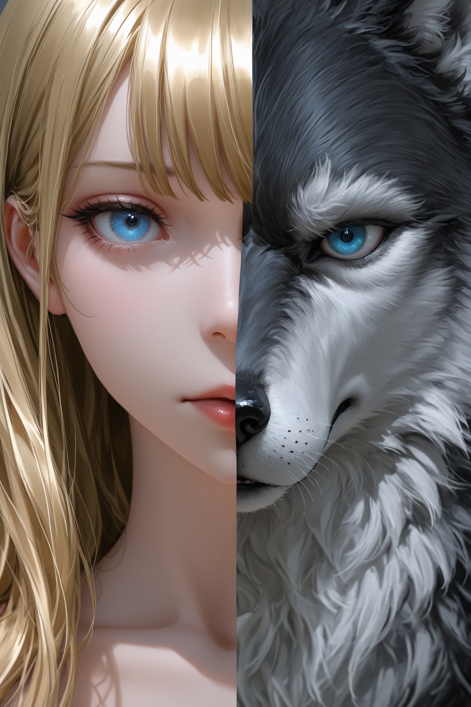 masterpiece,best quality,amazing quality,very aesthetic,absurdres,newest,highres,yoneyama mai:0.5,nixeu:0.5,next to a big stone,behind the big rock is a 1 wolf,the wolf with a sinister expression,face close-up,wolf,golden hair,blue eyes,split theme,stylish,artist,