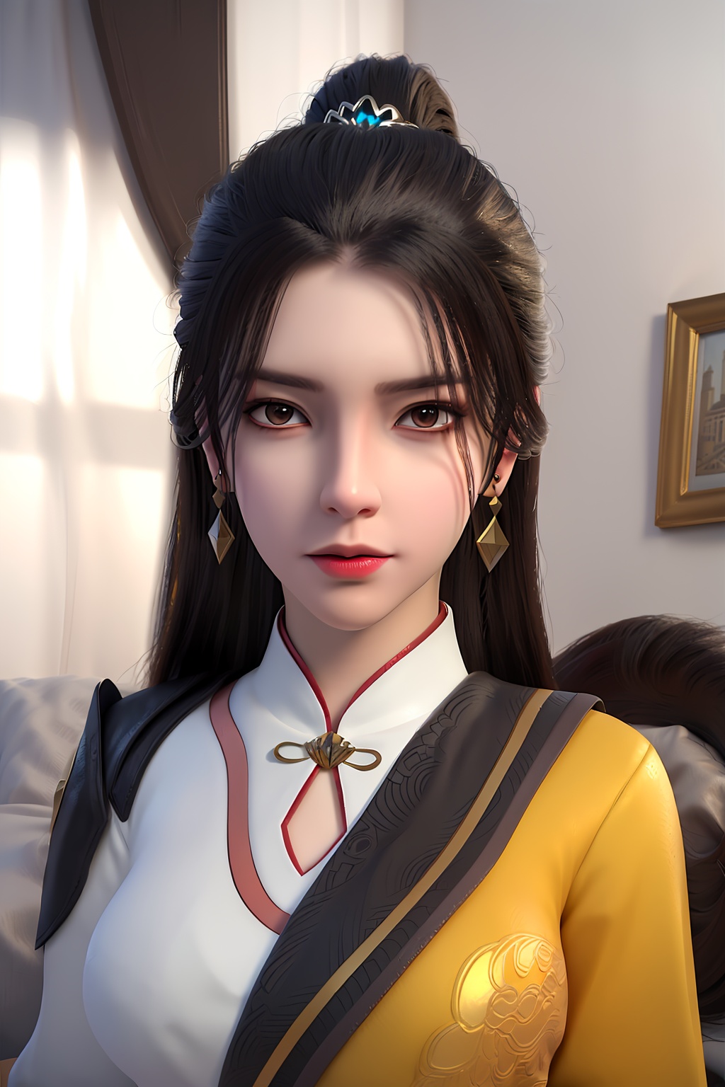 3D,masterpiece,(best quality),(makeup),official art, extremely detailed cg 8k wallpaper,((crystalstexture skin)), (extremely delicate and beautiful),(highly detailed),(face),(ponytail),(1girl), (solo), (jewelry), (earrings),(black_hair),(long_hair),(hair_ornament),(handwear),((breasts)),(upper_body),(closed_mouth),(shiny_clothes),(city,indoor,bed),,((looking_at_viewer)),((Facing the camera)),, <lora:hipoly3DModelLora_v10:0.3>