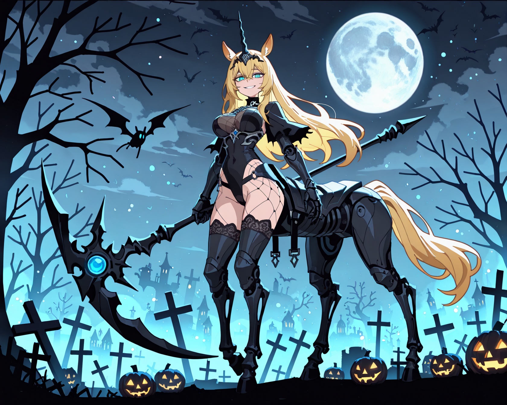 8k,best quality,masterpiece,(ultra-detailed),(high detailed skin),(artist:reoen:0.5),(artist:machi:0.5),<lora:VanripperIllustriousXL_byKonan:0.8>,vanripper,very aesthetic,bokeh,(flat color,line draft:1.2),(realistic background:0.6),<lora:jiaocha_illustriousXL:0.4>,<lora:Kimberley-noob-Tanger:0.8>,Kimberley \(book of yog\),Kimberleydef,Centaur form,1girl,blonde hair,long hair,blue eyes,animal ears,tail,monster girl,(clothes: dark gothic Centaur outfit:1.3),Witchy Leotard,tattered lace,black Velvet,spiderweb patterns,Kimberleydef silver Single-Horn Headpiece,glowing green eyes,smirk,mischievous smile,looking at viewer,spooky,eerie atmosphere,full body,haunted mansion background,moonlit graveyard,creepy fog,holding a large scythe,holding a glowing Jack-o'-lantern,skeletal decorations,cobwebs,bare,twisted trees,bats flying,breasts,large breasts,standing,A full moon shines down,casting long,eerie shadows. The air is thick with a chilling mist that swirls around her hooves.,