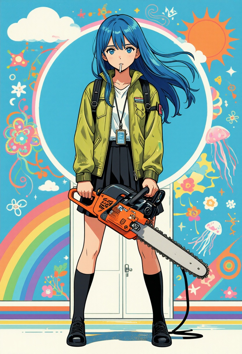 Full-color retro anime-style illustration with clean inked linework,  flat cel shading with minimal gradient transitions,...
