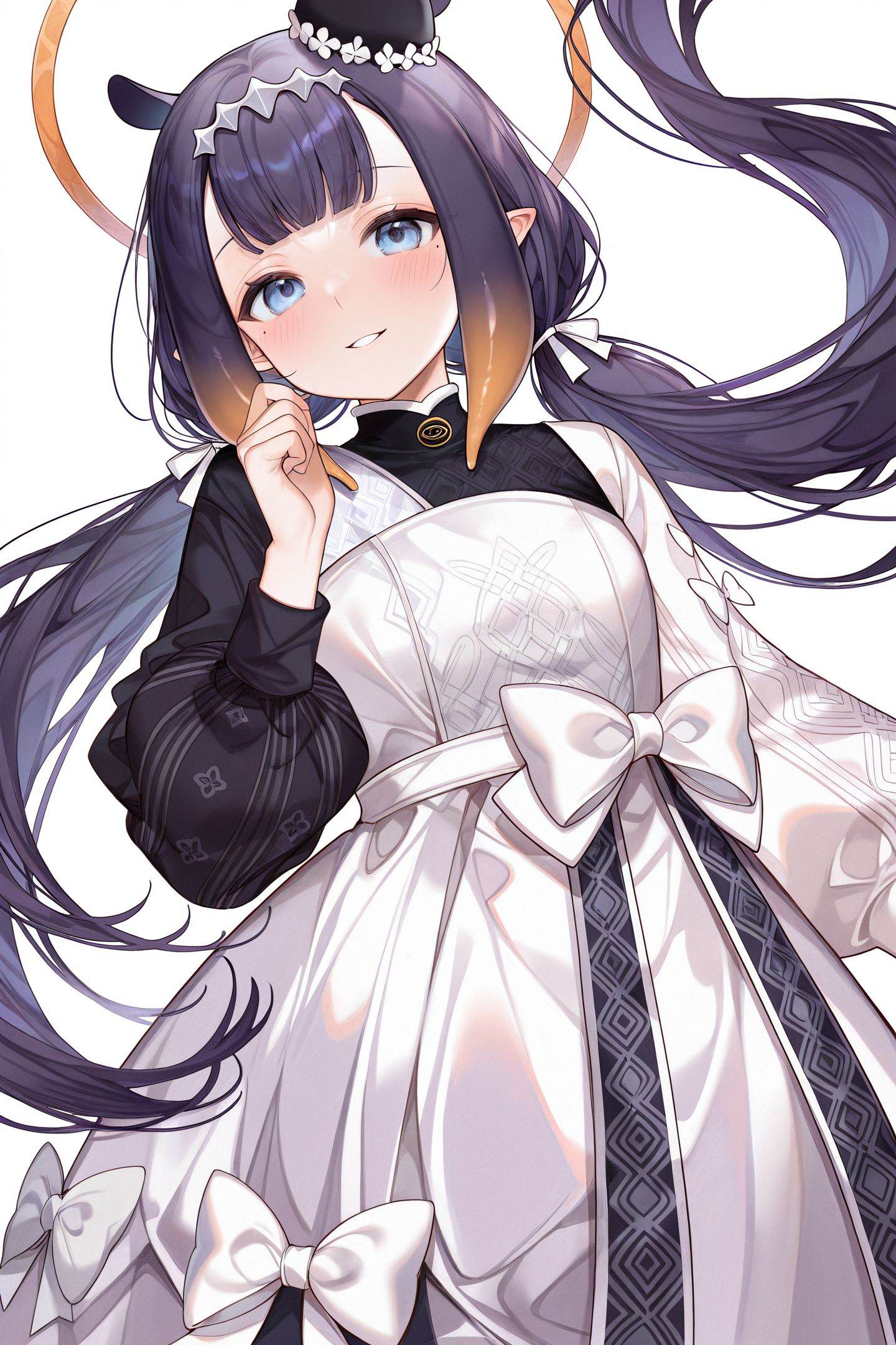 Machi Style,1girl,ninomae ina'nis,solo,long hair,orange hair,gradient hair,pointy ears,blue eyes,multicolored hair,blunt bangs,very long hair,purple hair,dress,halo,white background,official alternate costume,low twintails,smile,looking at viewer,official alternate hairstyle,simple background,long sleeves,sidelocks,puffy long sleeves,white dress,twintails,mole,hat,mismatched sleeves,bow,puffy sleeves,mole under eye,blush,mini hat,parted lips,white bow,hand up,<lora:Machi_illustriousXL:1>,