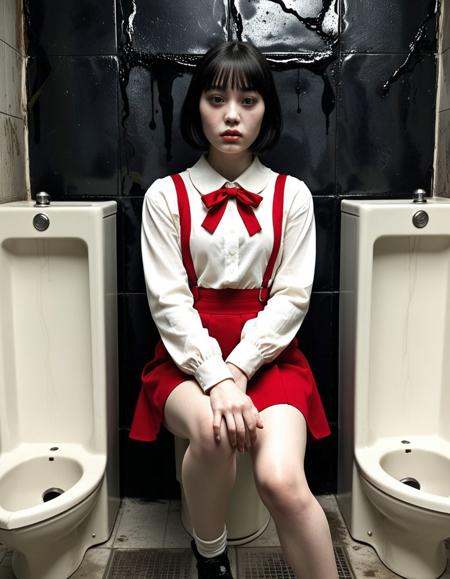 1girl,(asian girl face:1.5),(:.5),(Philippines girl face:1.1),(oval face:1.1),(jirai kei girl:1.5),(nubian nose:1.3),( eyes:1.4),,,(thin eyebrows,light eyebrows,short eyebrows,light makeup,natural look:0.7),(closed-lips:1.3),(evil face:0.7),,((hanako-san \(gegege no kitarou\):.7),blunt bob cut,red Suspender skirt,miniskirt,white collared shirt,(red ribbon:.7),long sleeves,(urinal:1.5),dirty house,(dark place:1.5),indoors,eerie,ethereal,horror \(theme\):1.3),pale skin,(grey skin body), costume,outdoors,detailed background,dynamic action pose,(full body:1.1),(dynamic angle),(from low angle:.7),HDR photography,depth of field, realistic, photorealistic,(avoiding harsh bright,ultra-realistic skin texture:1.3),(moisten skin,dampened skin,glossy skin,glossy skin face,oiled skin,oiled skin face,glistening skin:1.3),(half body view,knee up shot),high quality,highres,8k, <lora:dmd2 4 steps fix:1>,(cinematic lighting,subtle highlights:0.3),(day:1.1),(thin eyebrows:-0.5),