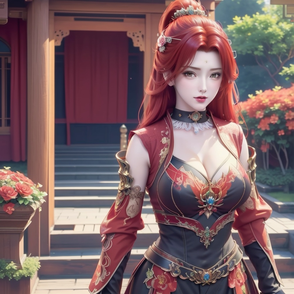 <lora:斗破苍穹-唐火儿:0.8>,red hair,  (,1girl, ,best quality, ),looking at viewer,,anime,(masterpiece, top quality, best quality, official art, beautiful and aesthetic:1.2), (1girl)	, , (cleavage),extreme detailed,(fractal art:1.3),colorful, flowers ,highest detailed,()    (cleavage), (),