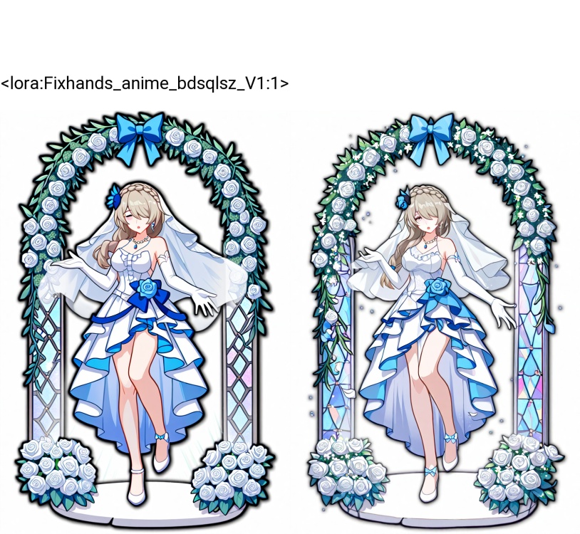 1girl, rita rossweisse \(fallen rosemary\), honkai \(series\),  full body, bare legs, :o, outstretched hand, white footwear, gloves, medium breasts, single braid, floral arch, bare arms, bare shoulders, stained glass, blue rose, blue bow, layered dress, bride, white rose, flower, dress, pendant, frilled dress, breasts, rose, sleeveless dress, shoes, elbow gloves, braid, long hair, wedding dress, earrings, white flower, solo, frills, jewelry, necklace, transparent background, side slit, bow, bridal veil, standing, center frills, light particles, long dress, petals, crown braid, standing on one leg, hair over one eye, veil, sleeveless,   sensitive <lora:Fixhands_anime_bdsqlsz_V1:1>