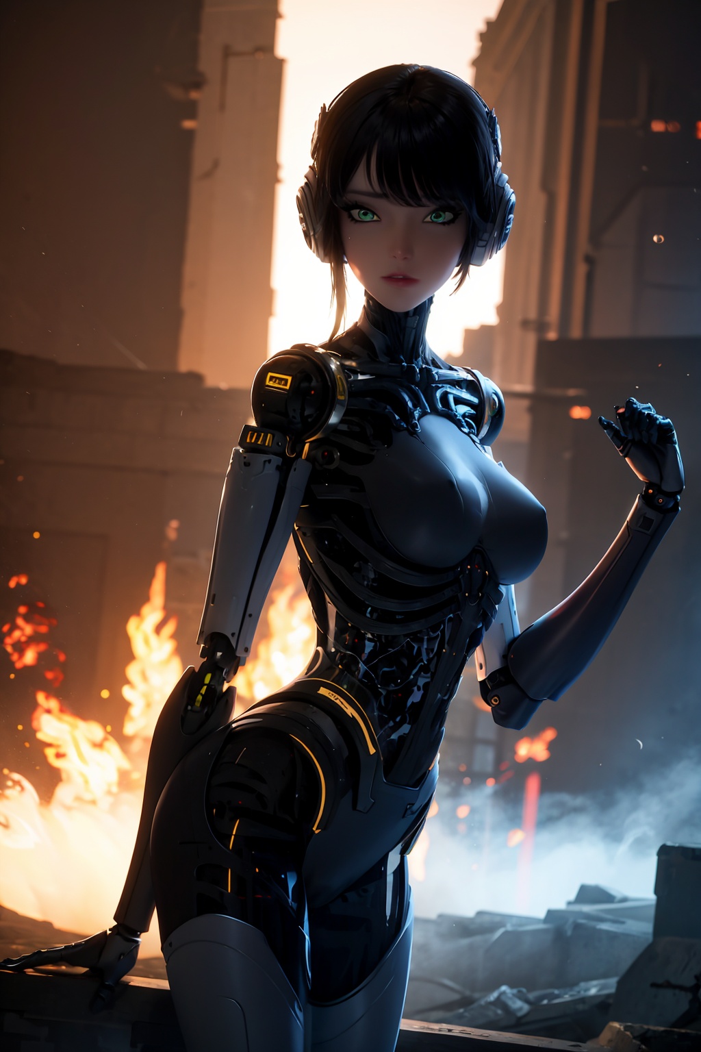 ash,1girl,green eyes,android,black hair,looking at viewer,robot joints,solo,breasts,mechanical parts,short hair,joints,cyborg,blurry background,lips,medium breasts,science fiction,cyberpunk,bangs,cable,depth of field,desolate,ruins,war,smoke,apocalypse,guns,fight,dusk,outdoor,sunset,broken bridges,destroyed cities,