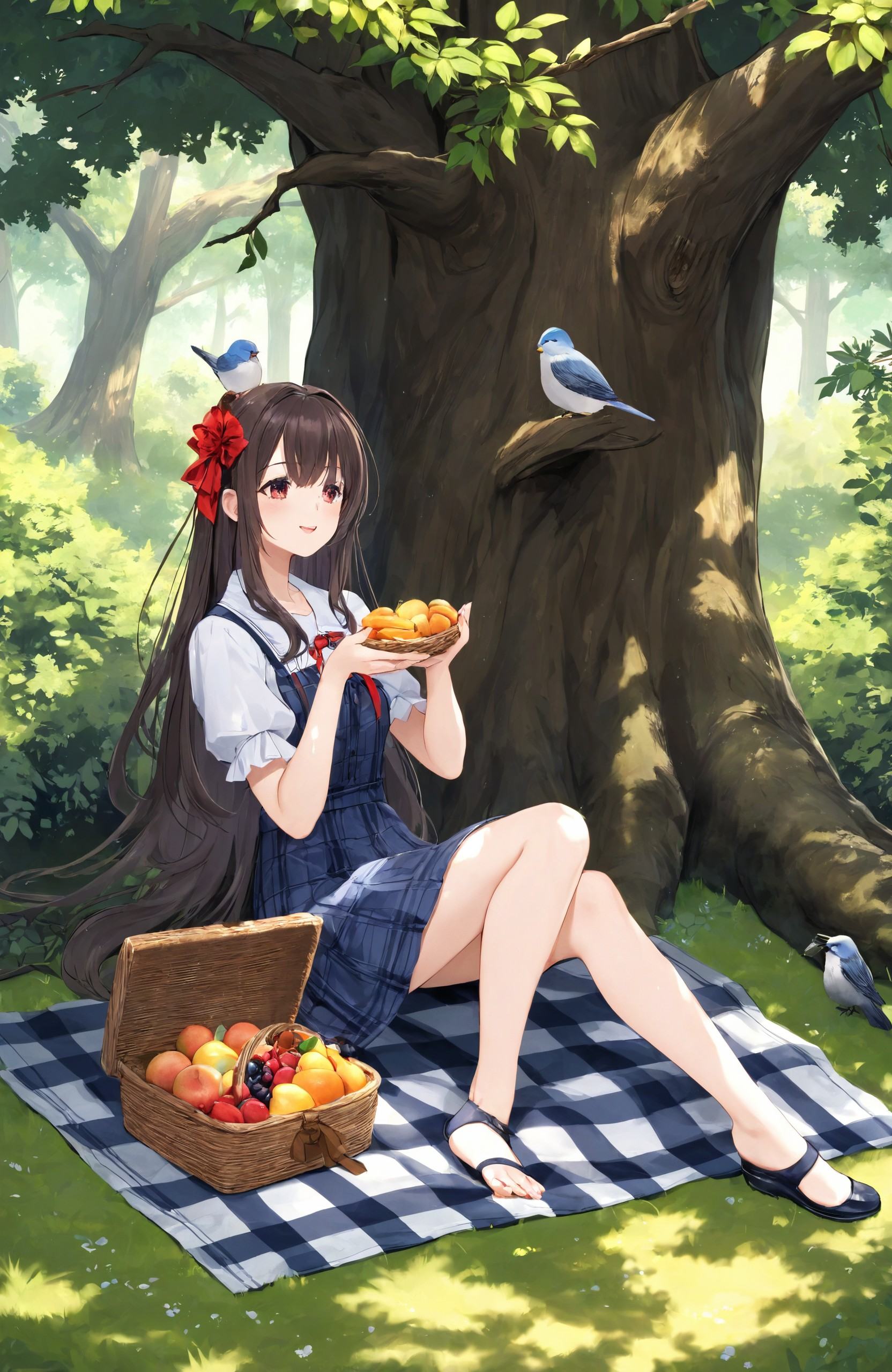 "Forest Picnic, a girl sitting on a checkered blanket under a big tree, enjoying a basket of fruits and pastries, with birds chirping around."