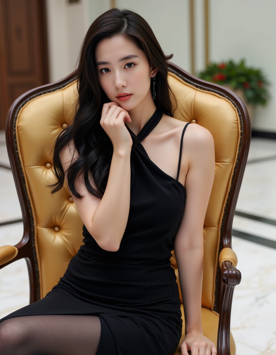 The image is a portrait of a young woman sitting on a luxurious gold-colored armchair. She is wearing a black sleeveless dress with a high neckline and thin straps. Her long dark hair is styled in loose waves and falls over her shoulders. She has a serious expression on her face and her hand is resting on her chin, as if she is deep in thought. The background is blurred, but it appears to be an indoor setting with a marble floor and a large window. The overall mood of the image is elegant and sophisticated.