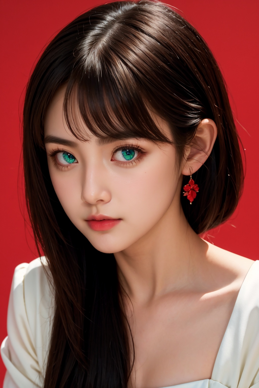 <lora:AgainEyes:2>,1girl,black hair,portrait,(white dress:1.2),green eyes,shining eyes,(red simple background:1.3),