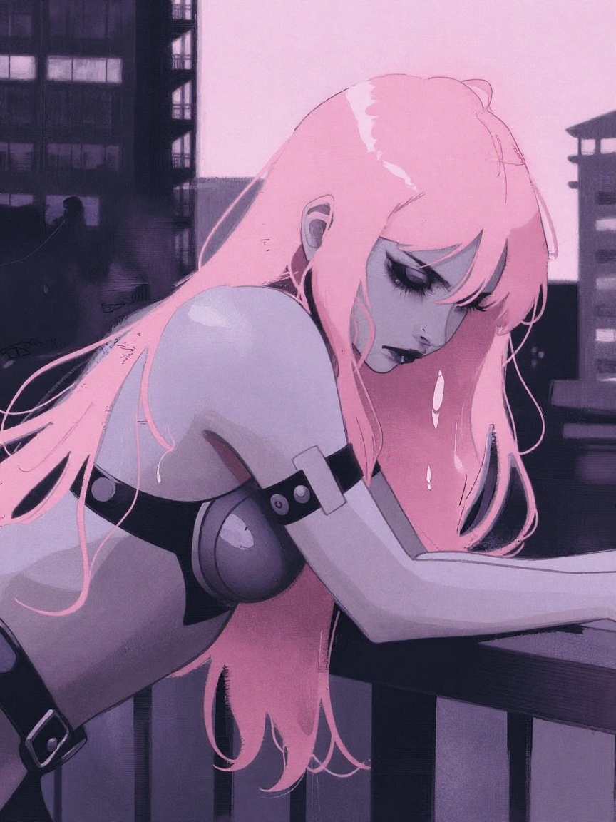 Kaljedef art style: A melancholic anime-style female character with long,  flowing pale pink hair cascading over her shoul...