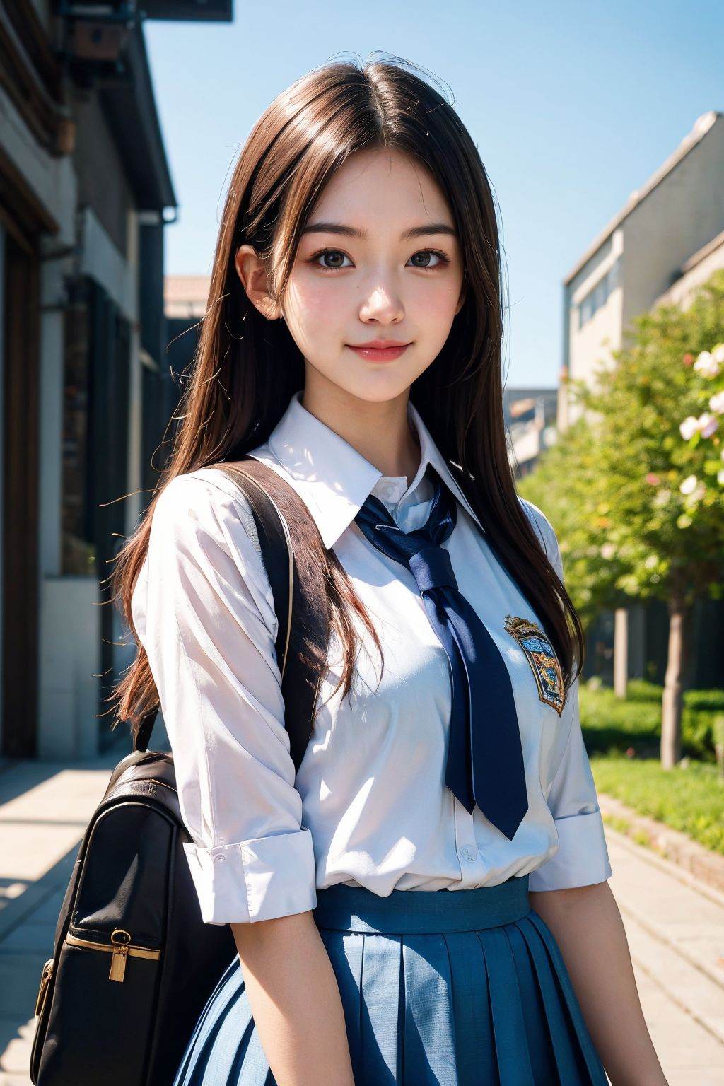 1girl, solo, sky, flower, closed mouth, looking at viewer, upper body, school uniform, skirt, smirk,