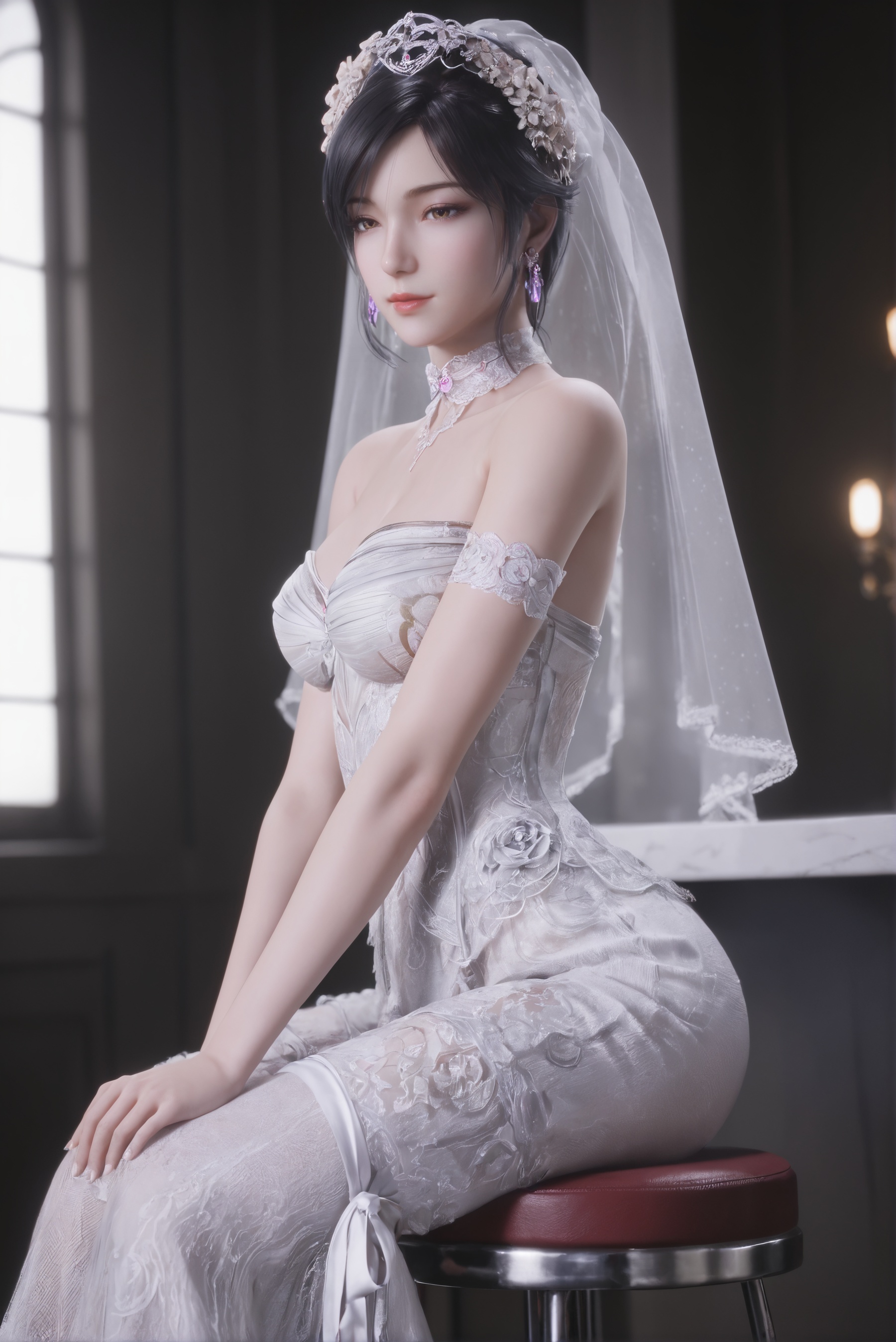 score_9,score_8_up,score_7_up,best quality,masterpiece,3d,ultra-detailed,high resolution,perfect lighting,flawless skin,sharp focus,Exquisite Craftsmanship,High-Resolution Beauty,Unparalleled Artistic Quality,extremely detailed CG unity 8k wallpaper,1girl,solo,<lora:徐欣:0.7>,black hair,earrings,jewelry,red wedding dress,sitting,ribbon choker,stool,