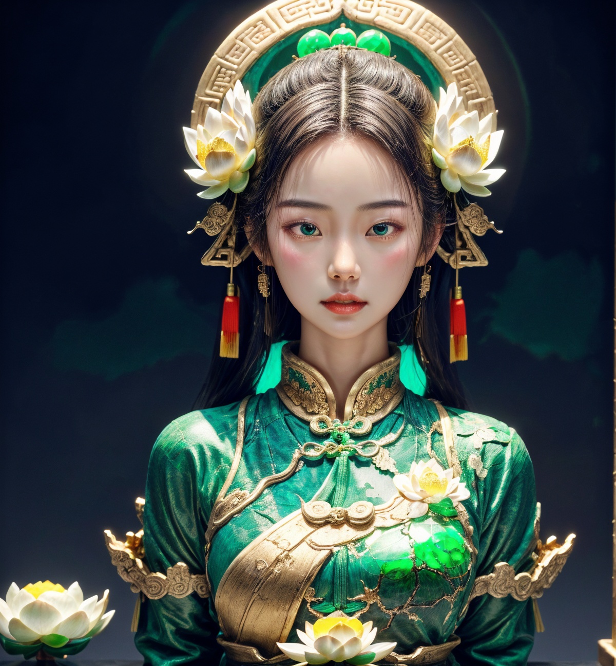 1girl,upper body,(chinese clothes:1.3),collar,jade,jade statue,porcelain,colored skin,tree,flower,lotus,lotus leaf,<lora:少女日记1.0_v4-000016:0.6>,<lora:add_more_details:0.4>,hanfu,<lora:逃离博物馆-玉美人1.0_v4-000016:0.7>,light transmission,refraction,fresnel,