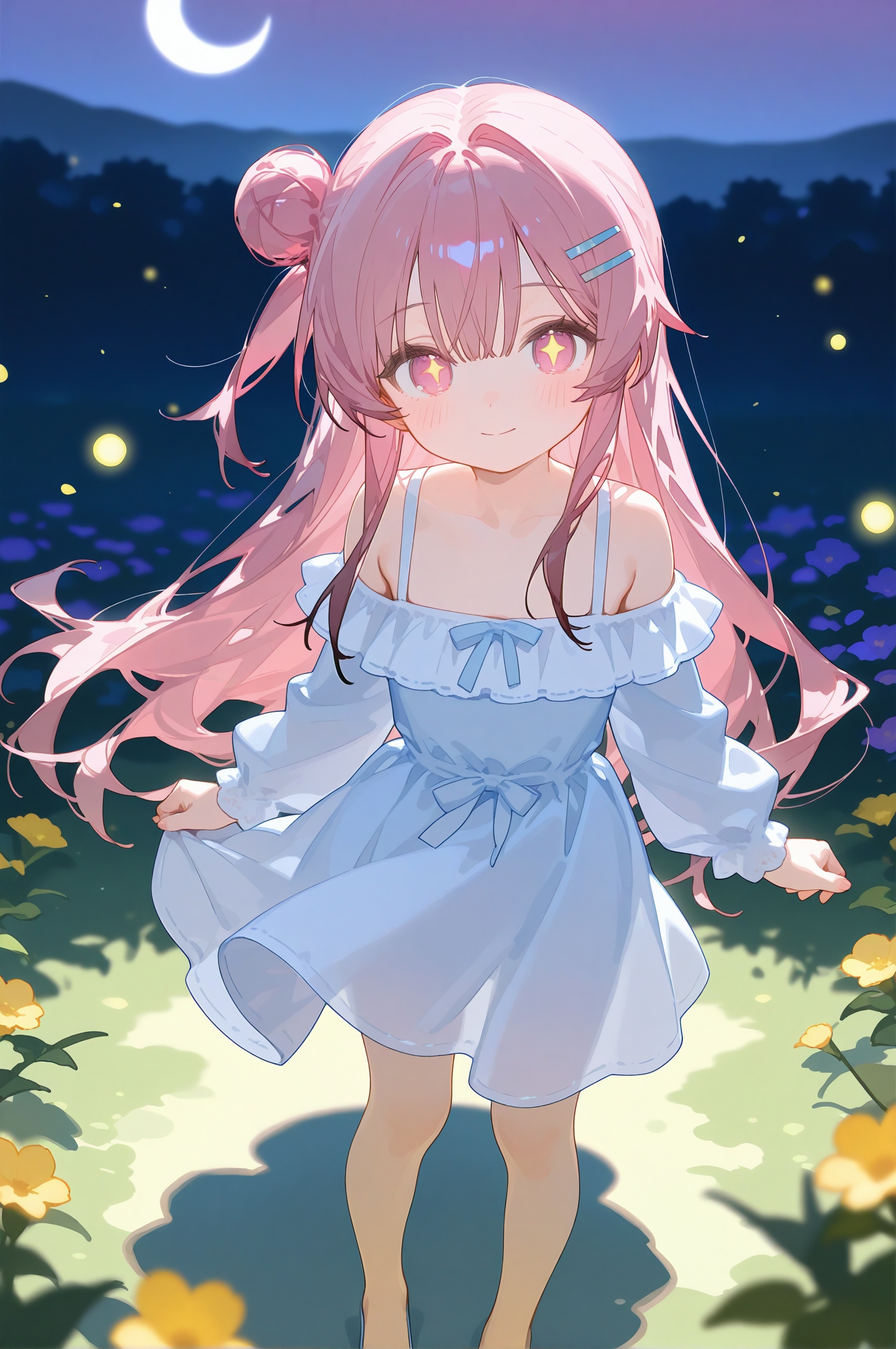 (masterpiece) (best quality) illustration ultra detailed hdr Depth of field (colorful) loli a girl full body Magic focus masterpiece solo gradient background summer best quality star Through the mottled light and shadow of flowers deep night wind flying flowers colorful flowers fireflies crescent moon 1 girl pink long hair Beautiful and meticulous eyes small breast beautiful detailed off shoulder beautiful dress pink highlights hairpin long sleeves perfect hand strong rim light anime screenshot bare feet solo focus extremely detailed wallpaper Personage as the main perspective intense shadows cinematic lighting depth of field painting girl glow lines LU Hazy light Floodlight