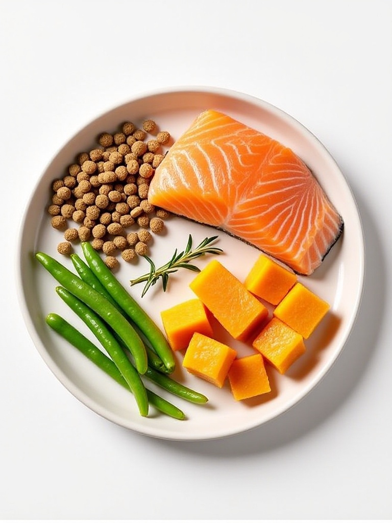STML,A top-down view of a beautifully arranged platter: cat food kibbles, raw salmon, pumpkin cubes, and green beans, with a sprig of rosemary for a gourmet touch.<lora:S-T-猫粮海报_S1.5:1>