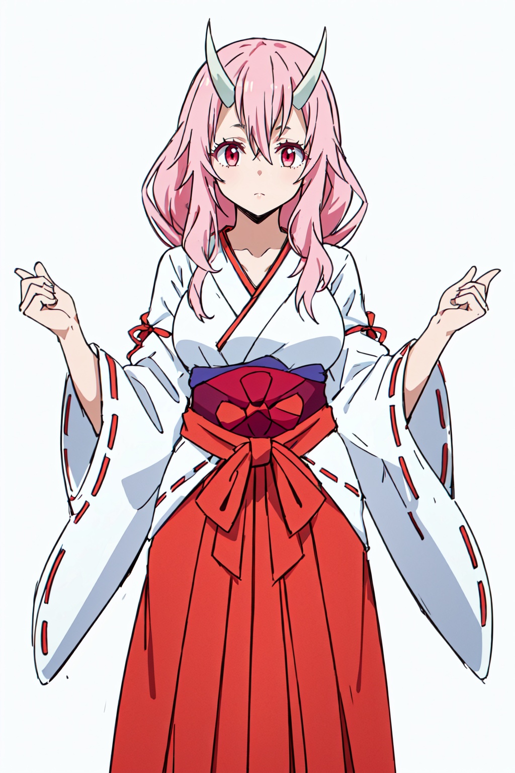 1girl,looking at viewer,solo,oni,horns,pink hair,long hair,hair between eyes,red eyes,pink eyes,miko,japanese clothes,red hakama,ribbon trim,ribbon-trimmed sleeves,hakama,white kimono,skirt,kimono,collarbone,wide sleeves,long sleeves,hakama skirt,red ribbon,breasts,ribbon,<lora:Shuna:0.8>,Shuna_CYQL,full_shot,beautiful face,beautiful eyes,glossy skin,shiny skin,white background,simple background,posing in front,masterpiece,best quality,beautiful and aesthetic,contrapposto,female focus,wallpaper,fashion,