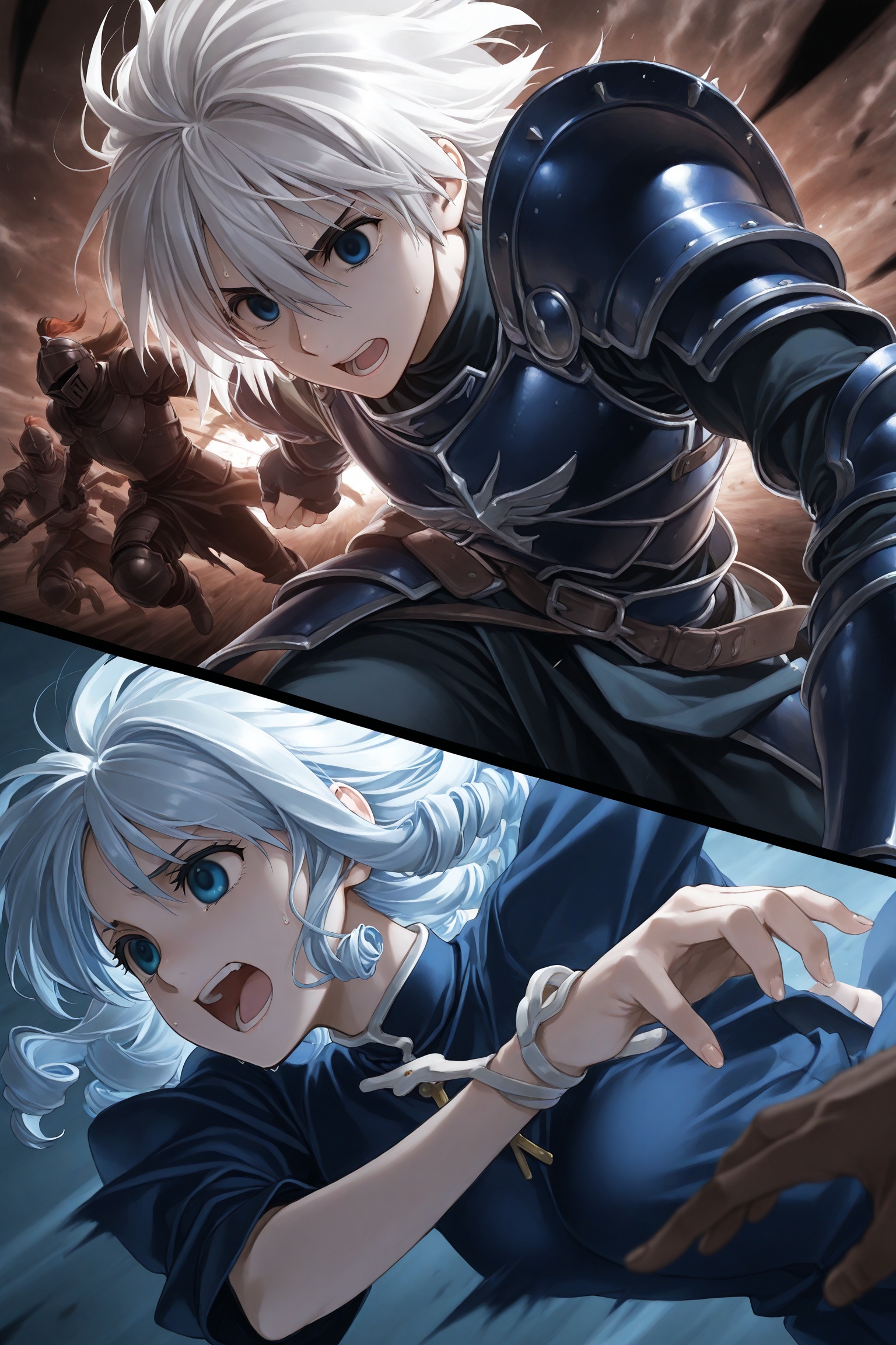 1boy,white hair,cyan blue eyes,armor,girls and boys chasing in the woods,