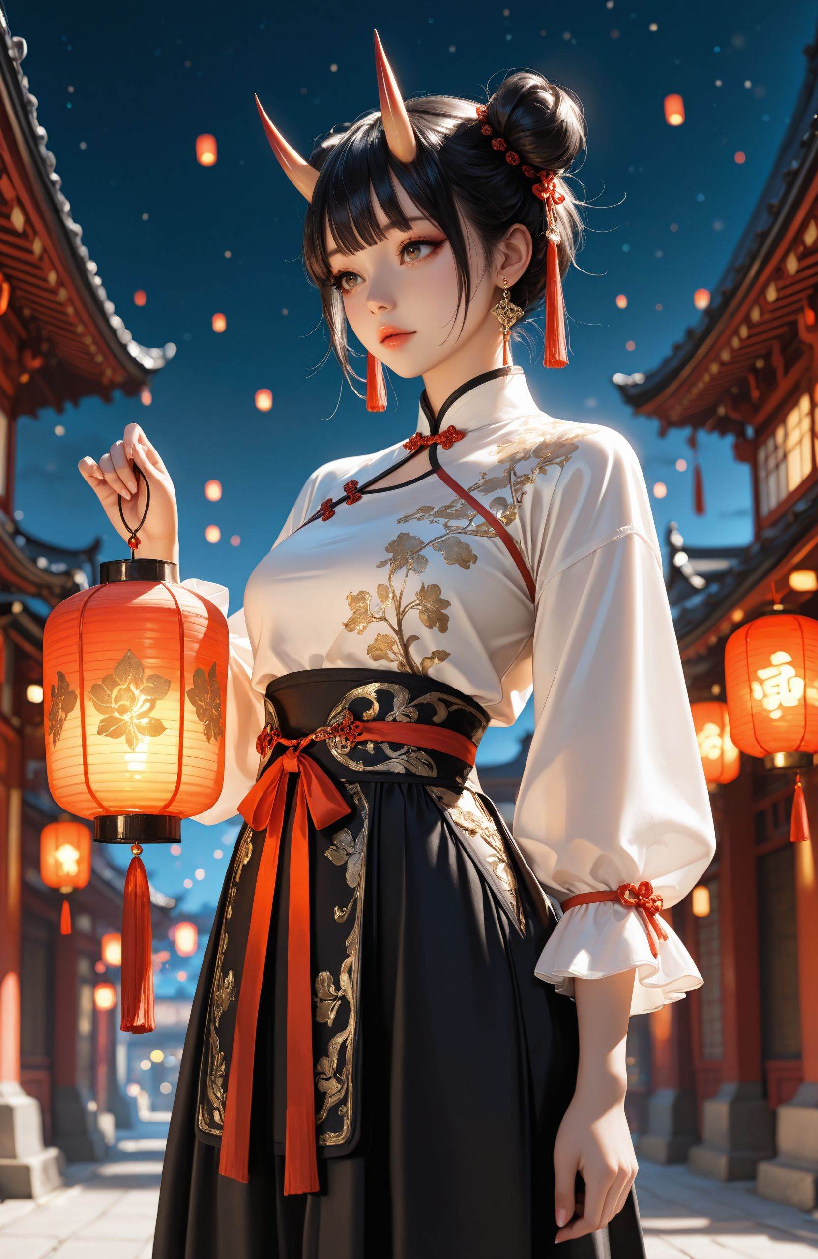 masterpiece,best quality,very aesthetic,intricate detail,sharp focus,absurdres,high resolution,newest,realistic,photorealistic,1girl,solo,short hair,oni horns,black hair,hair bun,double bun,eyelashes,looking at lantern,holding lantern,shirt,skirt,long sleeves,ribbon,white shirt,black skirt,puffy short sleeves,golden Adornments,chinese embroidery,chinese clothes,jewelry,tassel,earrings,lantern,paper lantern,glowing,night sky,