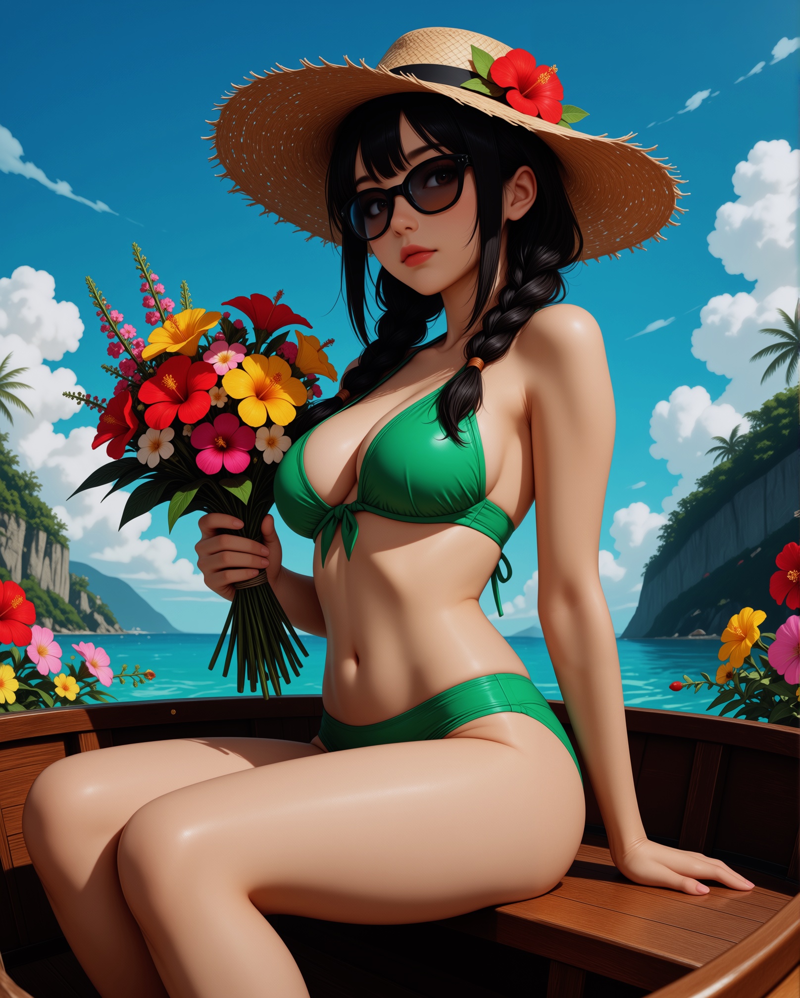 A digital illustration shoot from the side about a ***** woman in a tropical setting,  wearing a straw hat and holding a b...