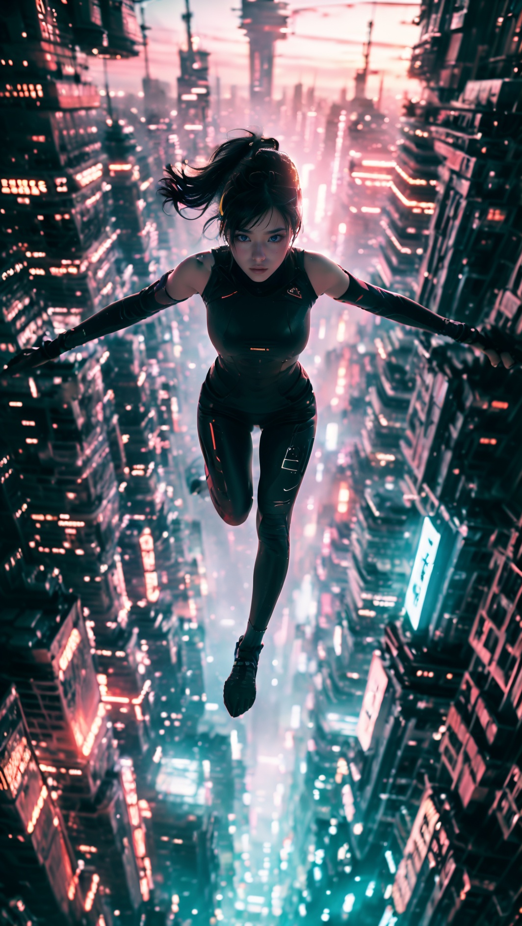 chaomeng, 1girl,  pink theme, (best fingers:1.2), midair, falling, cyberpunk, cityscape, masterpiece, best quality, 32k uhd, hdr, dtm, 16K, cinematic lighting effects, super vista, super wide Angle, science fiction, 