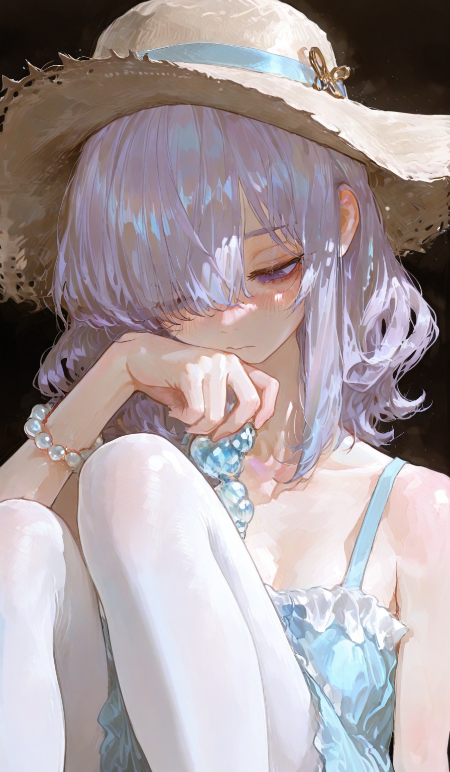 <lora:Taswell的SenSen画风:0.8>,highres,absurdres,newest,very awa,masterpiece,best quality,year 2024,(vanripper:1.2),yomiya_sateko,potg_(piotegu),void_0,(dino_(dinoartforame):0.8),(fkey:0.8),(yomu_(sgt_epper):0.8),(close-up:1.8),(upper body:1.5),cinematic lighting,god rays,ray tracing,reflection light,black background,1girl,solo,curly hair,purple eyes,blue eyes,medium hair,hair over one eye,straw hat,Beige hair,Light purple hair,yellow hairpin,exposing shoulders,sky blue sundress,frilled dress,sky blue sandal,white pantyhose,fine fabric emphasis,bead bracelet,transparent clothing,anklet,touching the hat,expressionless,sleepy,light_blush,(head down:1.3),