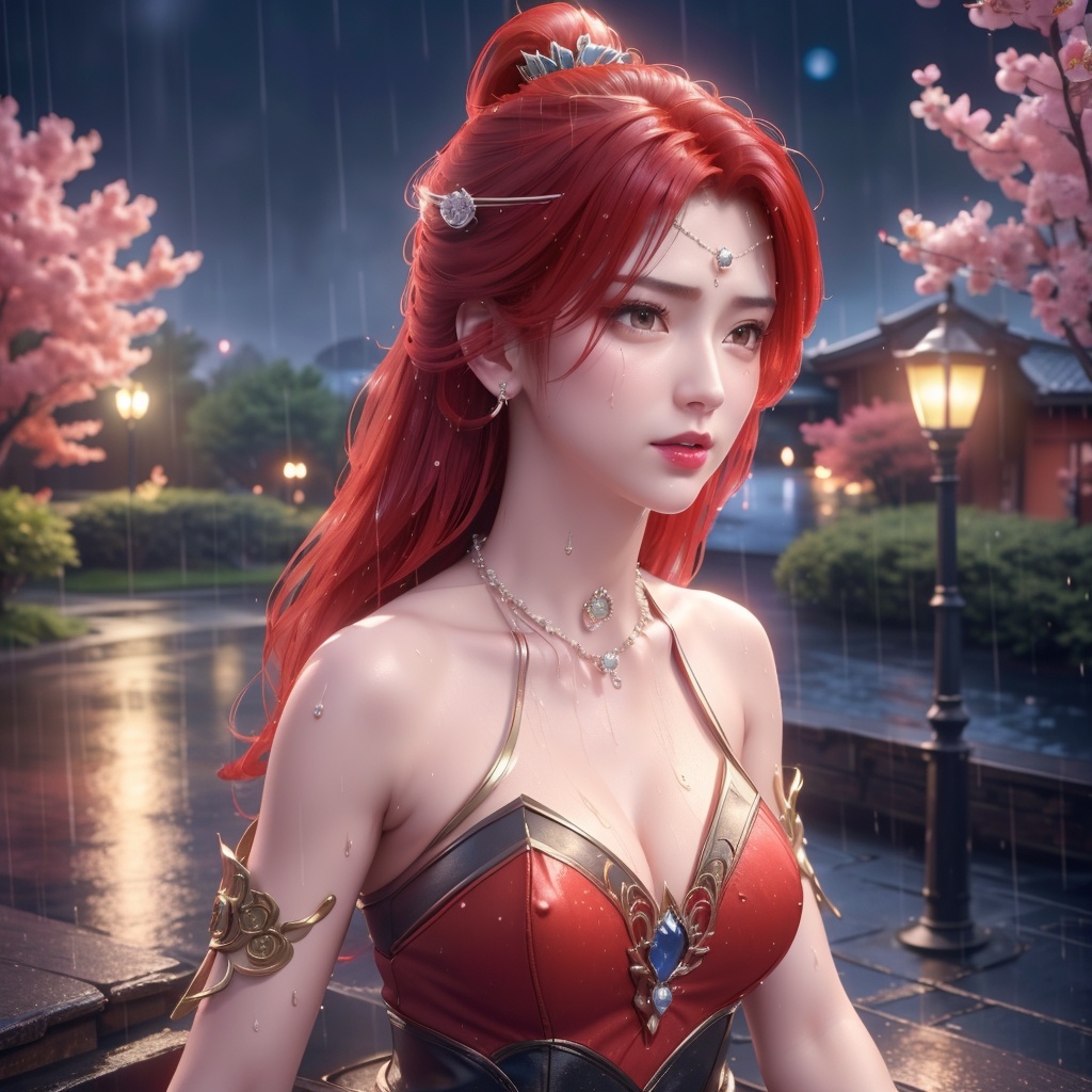 <lora:斗破苍穹-唐火儿:0.8>,red hair,   (,1girl, ,best quality, ),looking at viewer, ,ultra detailed 8k cg, ultra detailed background,  ultra realistic 8k cg,          cinematic lighting, cinematic bloom, (( , )),,  , unreal, science fiction,  luxury, jewelry, diamond, pearl, gem, sapphire, ruby, emerald, intricate detail, delicate pattern, charming, alluring, seductive, erotic, enchanting, hair ornament, necklace, earrings, bracelet, armlet,halo,masterpiece, (( , )),,  ,cherry blossoms,(((, night,night sky,lamppost,  ultra high res, (photorealistic:1.4), raw photo, 1girl, , rain, sweat, ,wet, )))(( , ))   (cleavage), (),