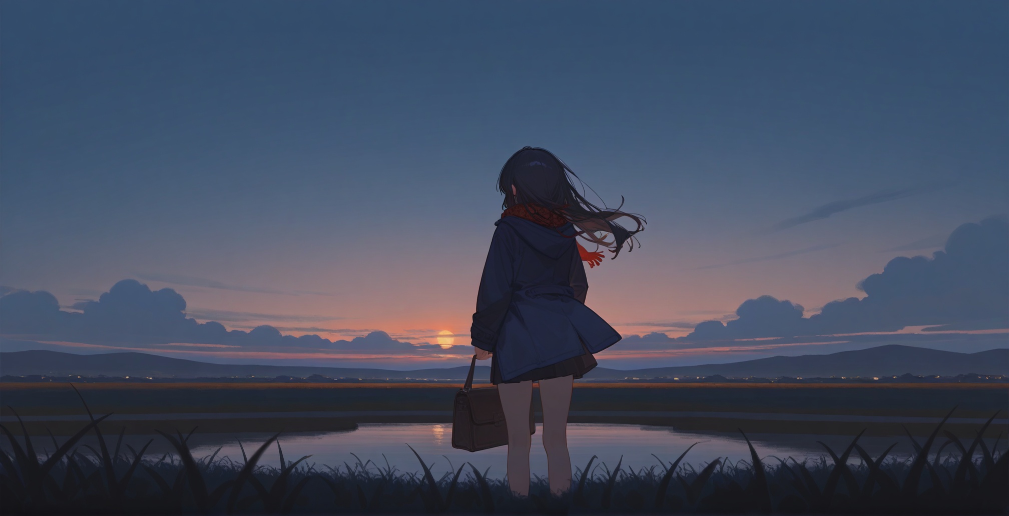 1girl,solo,sky,cloud,outdoors,scenery,black hair,grass,from behind,long hair,standing,cloudy sky,dark,hood,sunset,bag,jacket,night,scarf,long sleeves,facing away,, [artist:ningen_mame],artist:ciloranko,[artist:sho_(sho_lwlw)],[[tianliang duohe fangdongye]],[[artist:rhasta]],best quality,amazing quality,very aesthetic,absurdres,masterpiece,