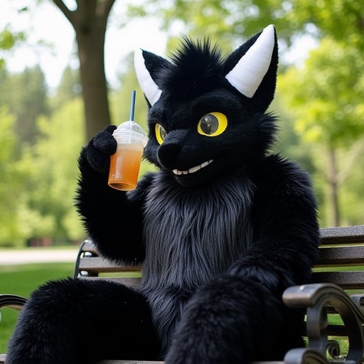 A man wearing a dragon fursuit has black fur and yellow eyes. He sits in the park drinking bubble tea,  He has White Horns...