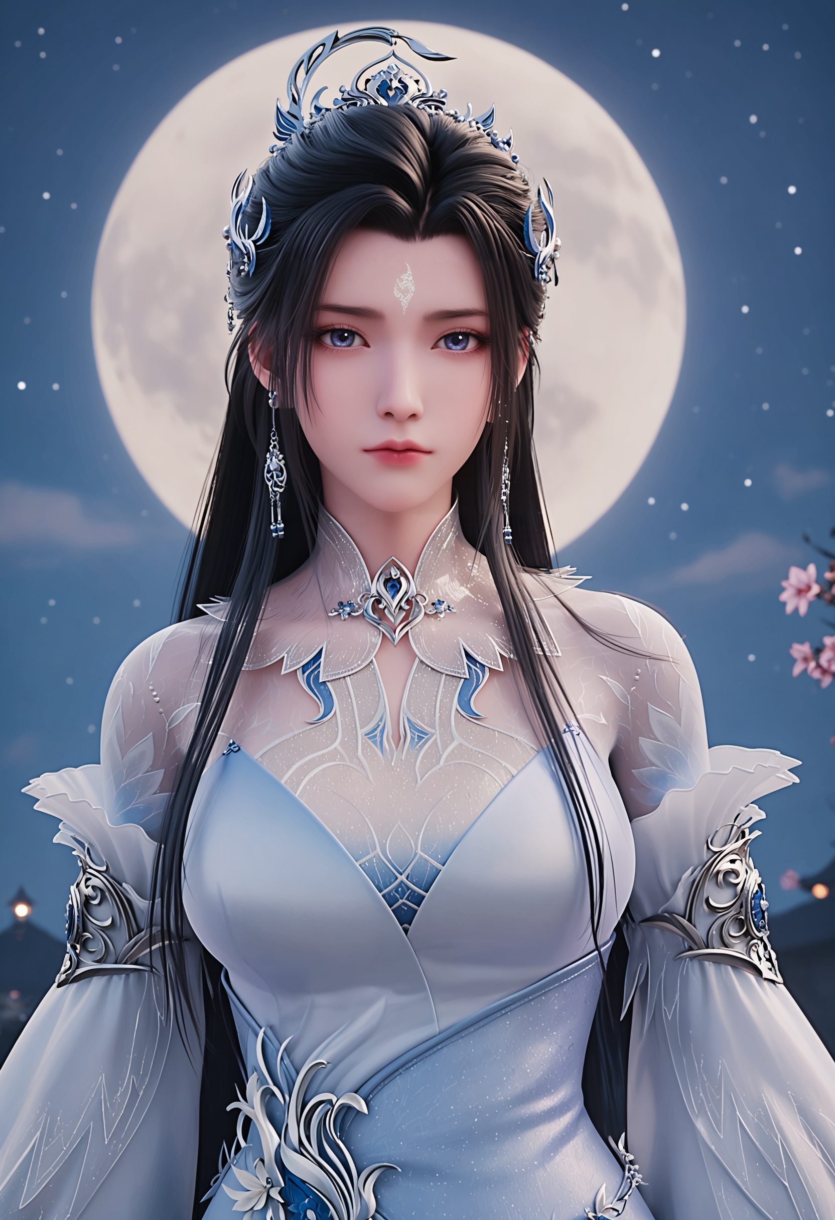perfect_anatomy,(score_9:1.1),(upper_body:1.2),looking_at_viewer,<lora:YQponyluxueqi2V6:0.8>,1girl,solo,dress,hair_ornament,long_hair,black_hair,jewelry,white_dress,earrings,expressionless,facial_mark,forehead_mark,hair_bun,closed_mouth,single_hair_bun,blue_eyes,chinese_clothes,blue_dress,long_sleeves,blue_hair,brown_hair,perfect_anatomy BREAK (perfect_anatomy:1.1),mature female,looking at viewer,(moon:1.1),(night:1.1),sky,night sky,(full moon:1.1),(huge planetary background:1.1),moonlight,(shiny_skin),(Ivory_skin:1.1),(cinematic lighting),(mutated_hands:-0.9),