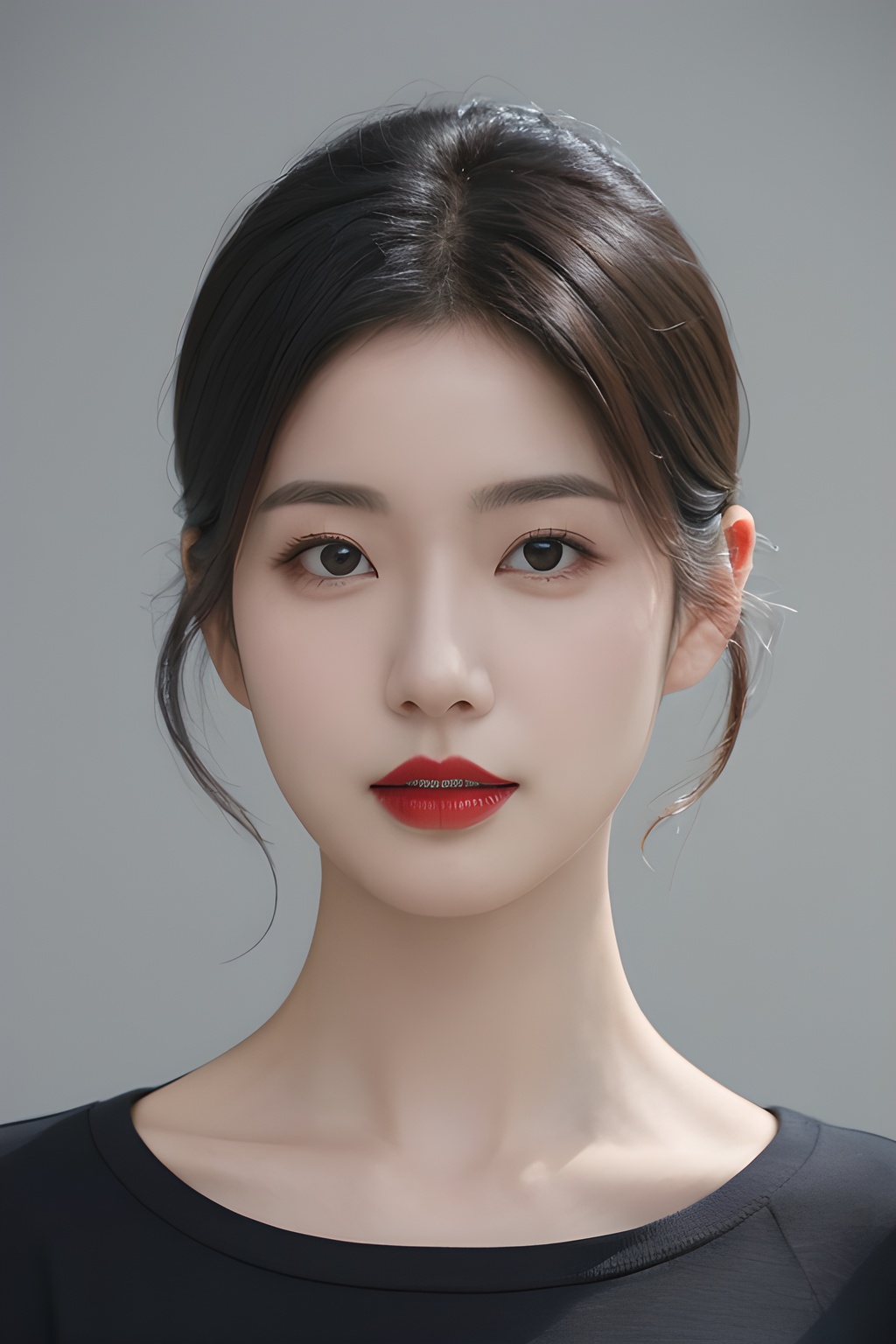 <lora:0805_01:0.7>,mugglelight, there is an asian woman with a red lipstick and a black shirt, solo, male focus, portrait, black hair, black eyes, close-up,, 1girl,realistic,masterpiece, best quality, photorealistic, HDR,detail