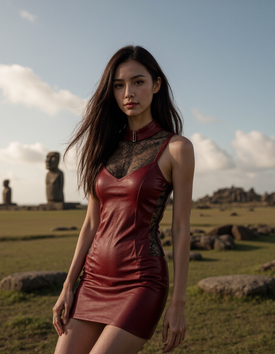a woman with sexy pose,Bald,Red,dressed in a fitted leather dress with lace inserts and a high collar,remote beauty of Easter Island is a testament to the resilience of the Rapa Nui people, who carved giant stone statues known as moai,Overdetailed art Best quality ultra sharp intricate details Fine art,Canon eos 5d mark 4,Sun Rays