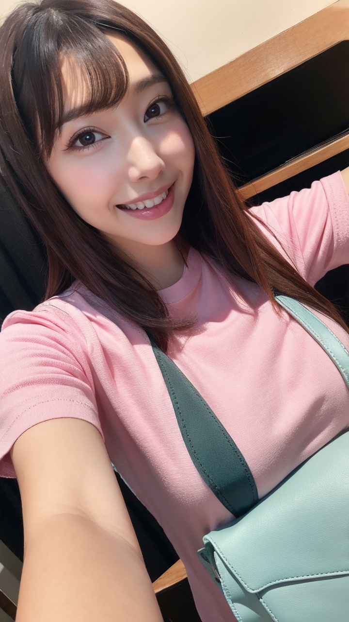 <lora:沙月芽衣-1:0.8>,syyy,1girl,solo,selfie,realistic,looking at viewer,brown hair,shirt,brown eyes,smile,v,lips,pink shirt,teeth,long hair,upper body,indoors,short sleeves,bag,bangs,black eyes,t-shirt,