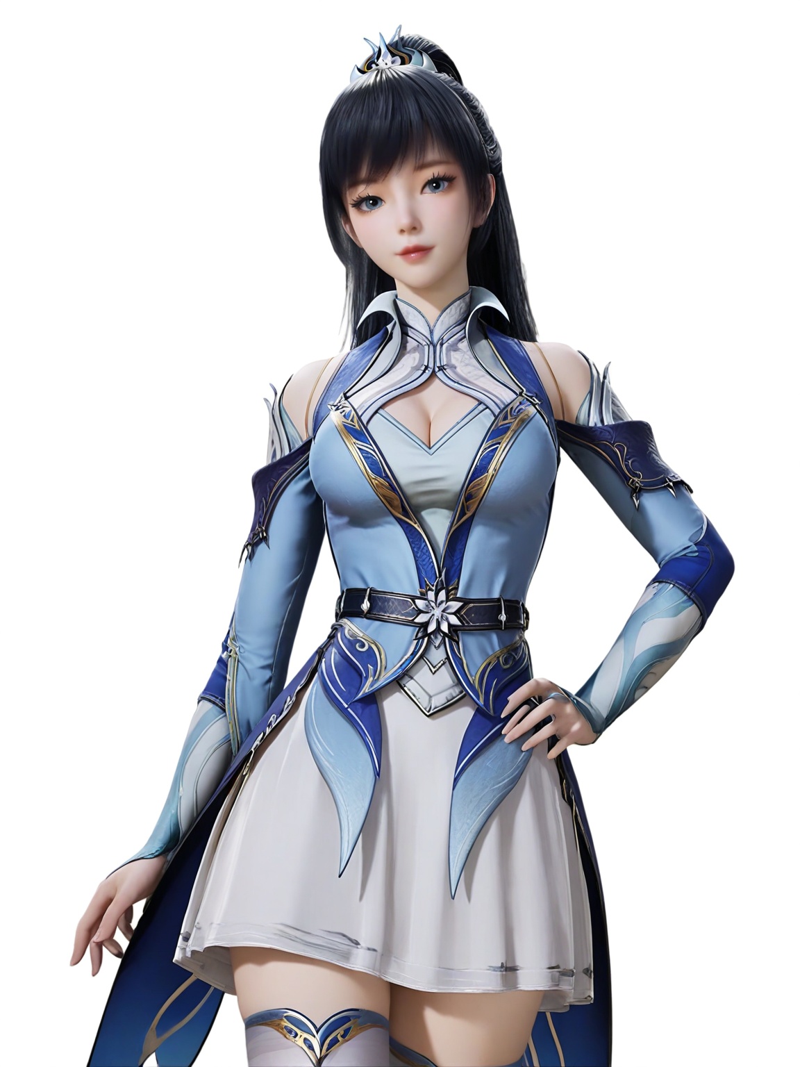 score_9,<lora:SF_TangYa_Pony_Realism2.3-000004:0.7>,1girl,solo,dress,bangs,eyelashes,black hair, large breasts, hair ornament,standing,skirt, thighhighs,looking at viewer,white background,simple background,cowboy_shot,