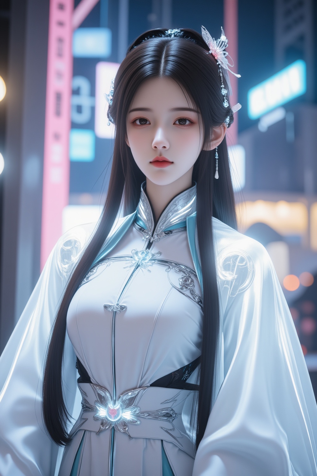 1girl, solo, brown eyes, black hair, looking at viewer, white hanfu, chinese clothes, science fiction, long hair, cyberpunk, robot joints, glowing cloak, cyberpunk city,
