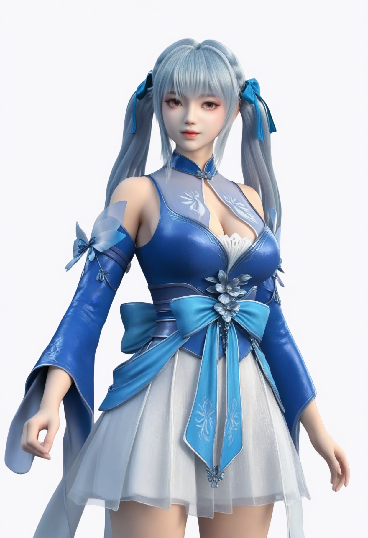 score_9,<lora:SF_LinQingTan_Pony_Realism2.3:0.7>,1girl,solo,clothes,detached sleeves,bangs,blue hair,large breasts,twintails,standing,long hair,skirt,fair_skin,white_skin,Ivory_skin,hair bow,hair ribbon,looking at viewer,white background,