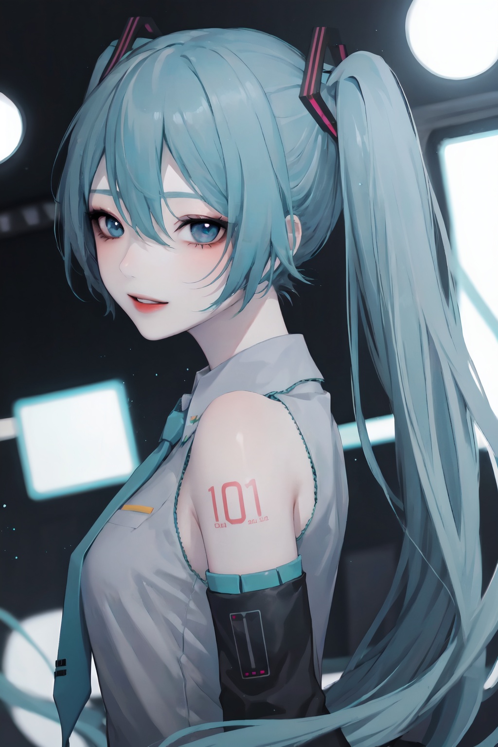 1girl, solo, hatsune miku, long hair, twintails, detached sleeves, shirt, looking at viewer, upper body, sleeveless shirt, very long hair, hair between eyes, black sleeves, sleeveless, grey shirt, necktie, from side, smile, collared shirt, tattoo, bangs, hair ornament, blue eyes, floating hair, parted lips, blue hair, bare shoulders, shoulder tattoo, number tattoo, light particles, breasts, ct-style, beautiful eyes