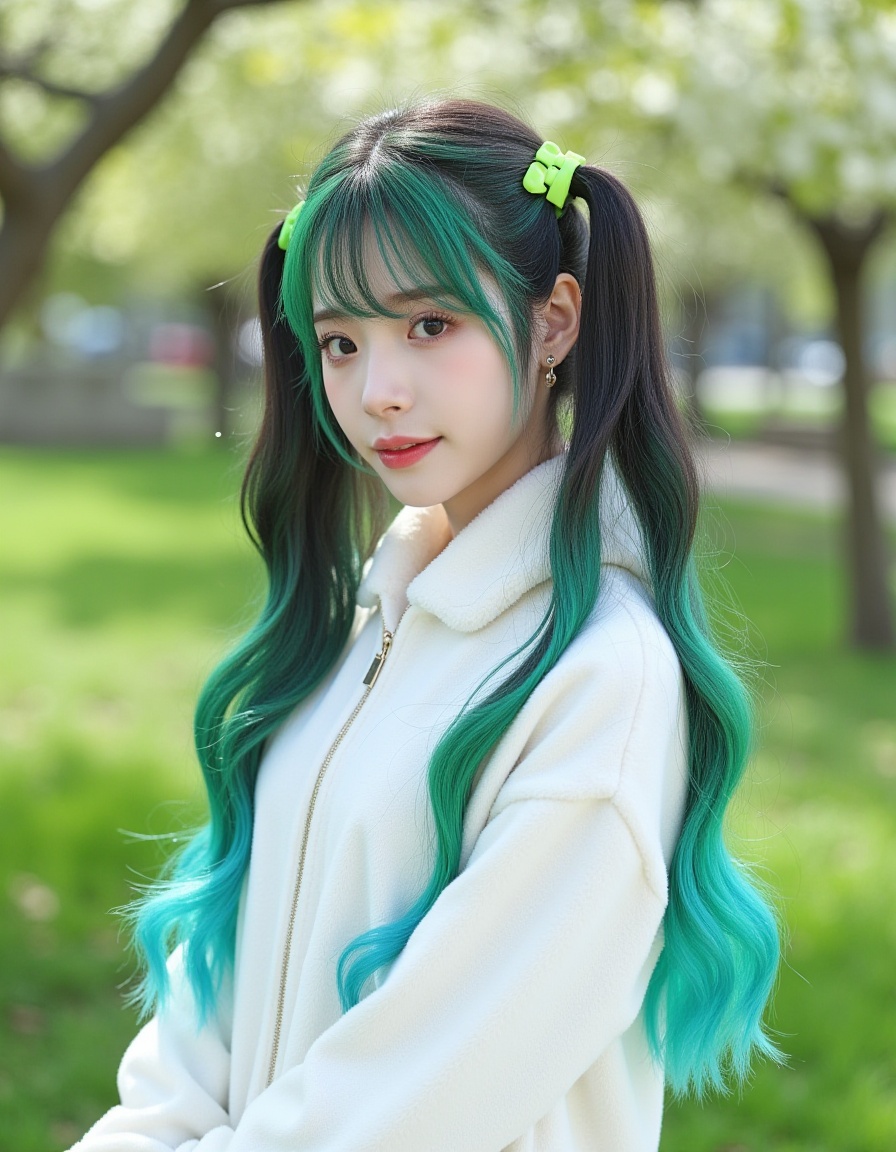 A beautiful girl with a face like a make-up doll, bergaya K-pop, stand in the way a garden surrounded by green grass and flowering trees. He has thick green bangs framing the face, as well as wavy long hair with gradations of electric blue and neon green. Her hairstyle is styled half-up pigtails with bright green hairpins, while the rest of her hair unraveled gracefully on the shoulders. She wore a seasonal style white fur bando cold, gives a soft and sweet impression.