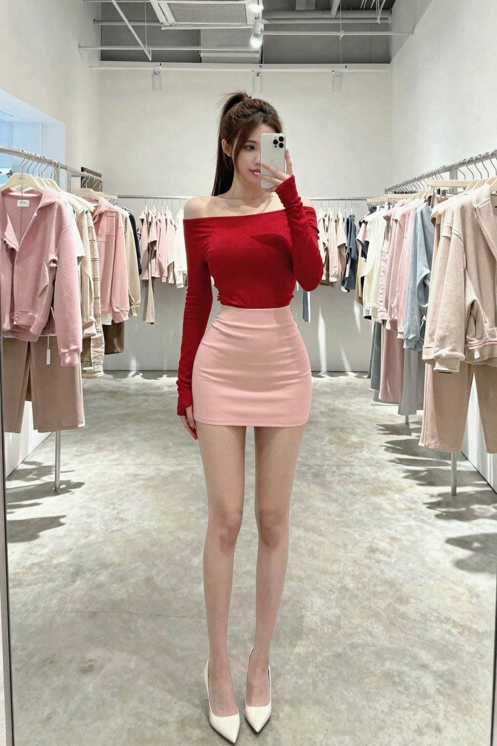 <lora:20260226_TinZITLBSWSliderLora_000000090:2>, This is a high-resolution photograph of a young Asian woman taking a mirror selfie in a modern, brightly lit clothing store. The woman has fair skin and long, straight brown hair tied back in a high ponytail. She is wearing a tight, off-the-shoulder, long-sleeve red crop top that accentuates her small to medium-sized breasts. Her outfit includes high-waisted, light pink short skirt that fit snugly and reveal her toned legs. She is also wearing sheer, adding a touch of sensuality to her look. Her footwear consists of shiny, white high heels that add height to her already tall stature. The store's interior is minimalist and modern, featuring a polished concrete floor, white walls, and exposed ductwork on the ceiling. The background showcases neatly arranged clothing racks filled with a variety of garments, predominantly in pastel shades of pink, beige, and light blue, contributing to the overall calm and stylish ambiance of the space. The photograph is professionally styled, with a focus on the woman's fashion-forward attire and the clean, contemporary setting.  