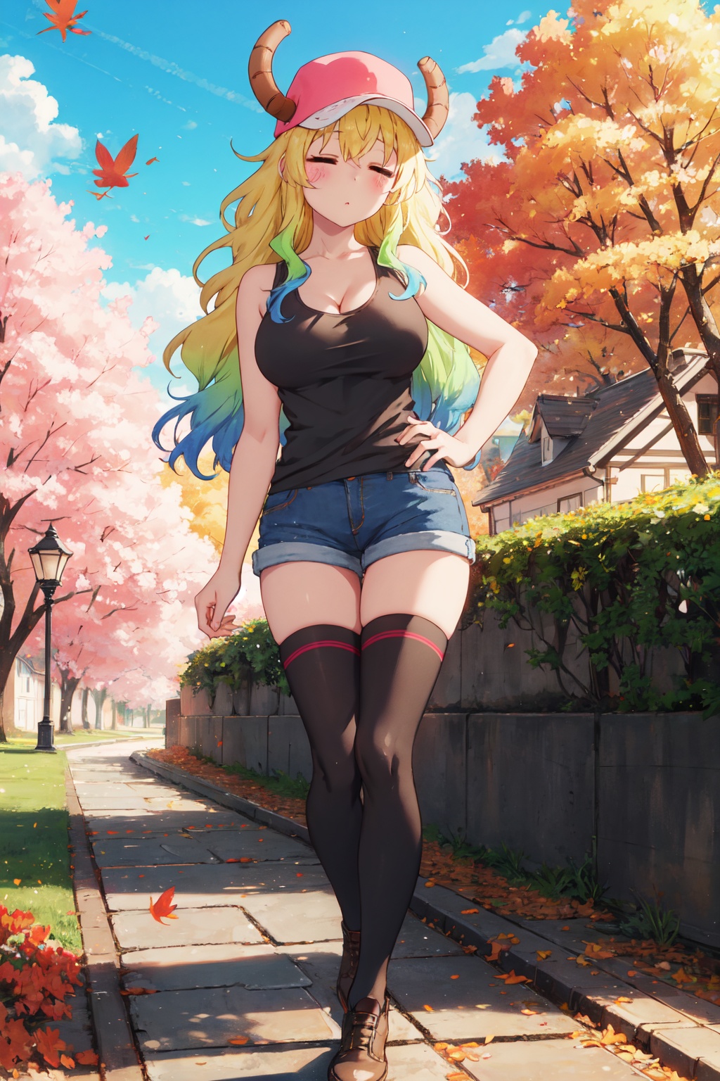 <lora:Quetzalcoatl-000019:0.8>,Lcoa CYQL,1girl,looking at viewer,solo,dragon girl,long hair,blonde hair,green hair,multicolored hair,gradient hair,horns through headwear,dragon horns,hat,pink headwear,closed eyes,**** top,black **** top,breasts,large breasts,cleavage,shorts,denim shorts,thighhighs,black thighhighs,denim,blue shorts,;d,portrait,In the golden season of autumn, maple leaves blaze like flames, covering the hillsides in hues of red and yellow. Fallen leaves pave paths of brilliance,(Cherry blossoms, Country lane, Blossom petals, Springtime charm, Rural tranquility, Cherry blossom drift:0.5),beautiful detailed sky,beautiful detailed glow,posing in front of a colorful and dynamic background,masterpiece,best quality,beautiful and aesthetic,contrapposto,female focus,wallpaper,