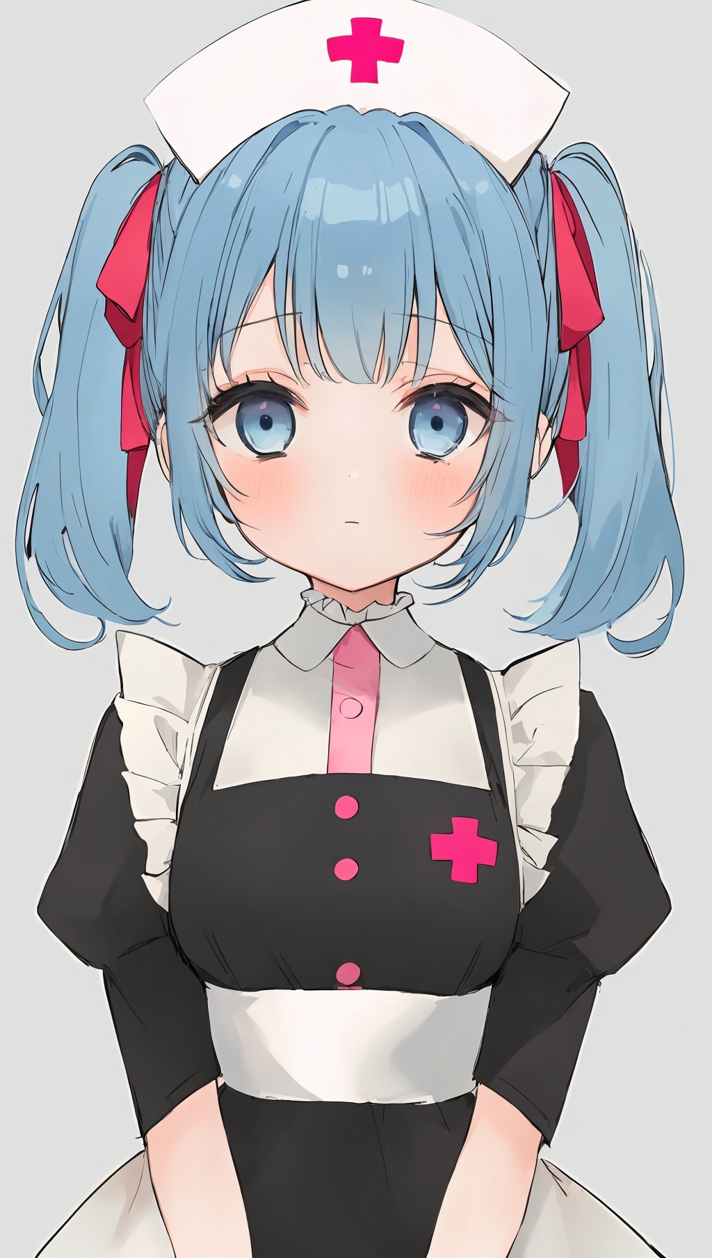 1girl,solo,nurse cap,hat,twintails,blue eyes,blue hair,blush,upper body,grey background,looking at viewer,closed mouth,bangs,puffy sleeves,dress,simple background,nurse,hair ribbon,ribbon,frills,white headwear,black dress,
