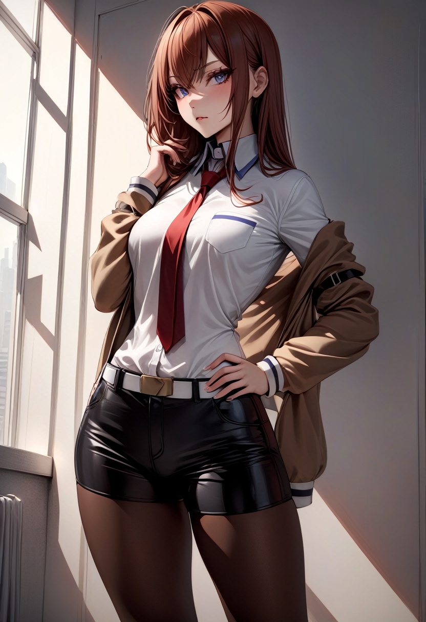 masterpiece, best quality, rating: general, newest, solo, 1girl, makise kurisu, expressionless, hand on hip, jacket, off shoulder, collared shirt, red necktie, black shorts, pantyhose, legwear under shorts <lora:steinsgate_makise_xl-000004:1>