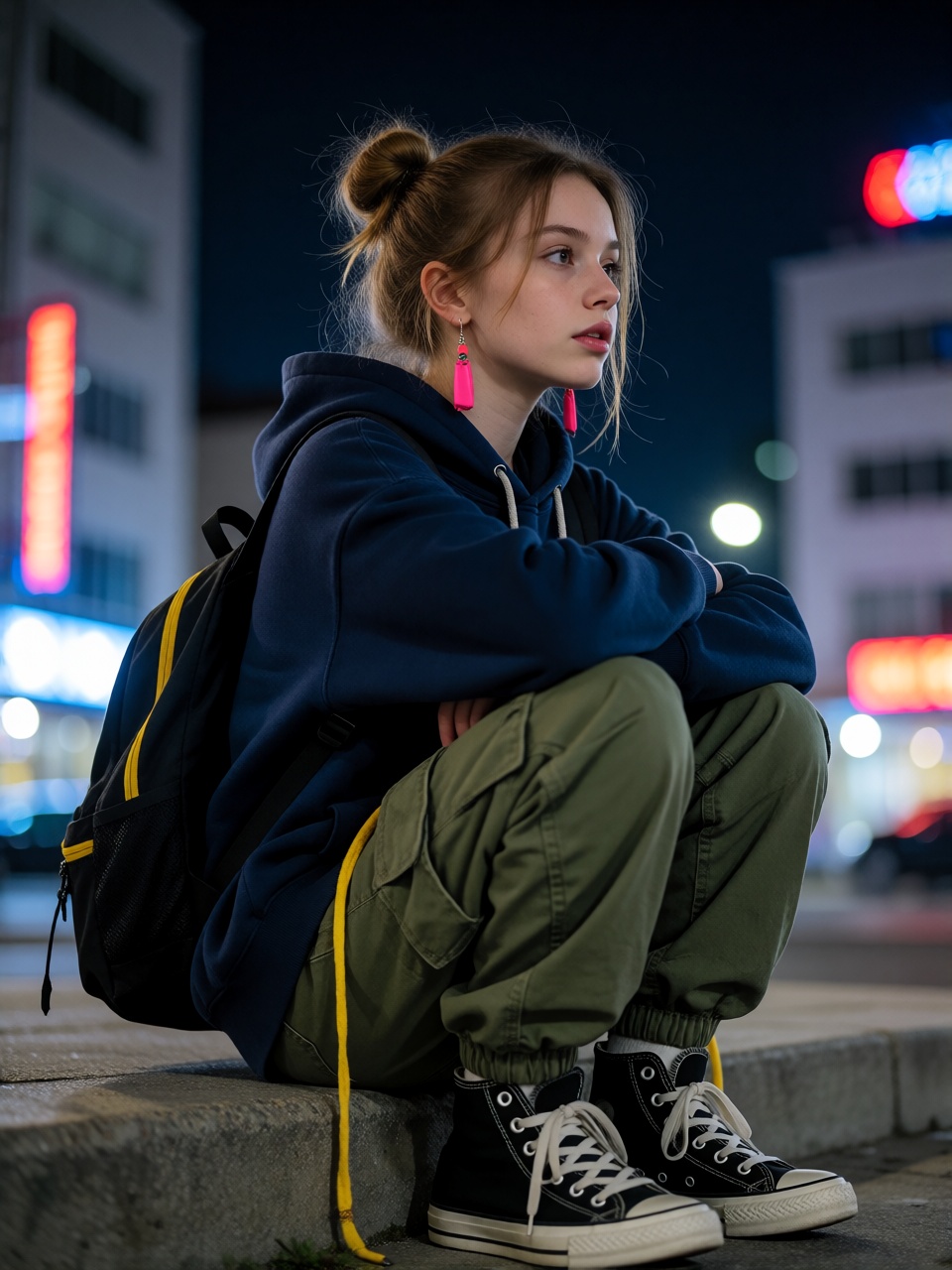 ***** woman with light brown hair in a messy high bun and loose strands,  sitting on concrete city steps at night with kne...