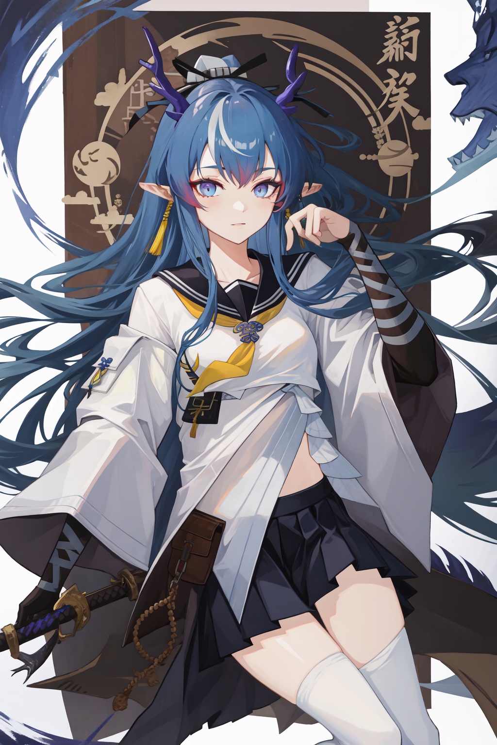 <lora:令:1:lbw=char>,ling,a girl named ling,blue hair,long hair,1girl,horns,pointy ears,dragon horns,blue eyes,school uniform,sailor dress,black thighhighs,, (masterpiece,best quality:1.2),absurdres, high quality,