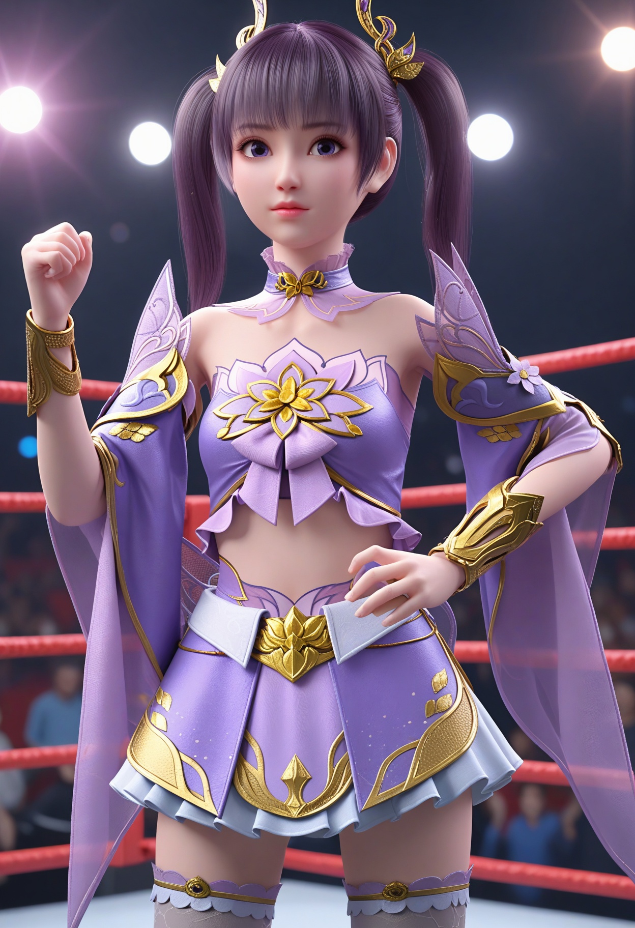 (upper_body:1.1),(huge breasts:0.9),<lora:YQponyziyanV4:0.8>,q1528437228,1girl,solo,black_hair,hair_ornament,twintails,long_hair,detached_sleeves,bare_shoulders,blue_eyes,realistic,dress,midriff,bangs,skirt,detached_collar,ponytail,brown_hair,purple_dress,jewelry,bracelet,socks,purple_eyes,blunt_bangs,wide_sleeves,armor,purple_footwear,navel,pantyhose,flat_chest,choker,print_legwear,purple_skirt,brown_eyes,floral_print,legs,purple_hair,side_ponytail,thighhighs,blush,(looking_at_viewer:1.1),BREAKintricate details,shiny_skin,solo focus,(blurry background:1.1),(depth of field:1.1),perfect_anatomy,(cinematic lighting:0.9),(volumetric lighting:0.9),lens flare,light rays,shiny clothes,light beam,hourglass,(Short torso:1.1),(High waistline:1.1),(wrestling_ring,:1.2),