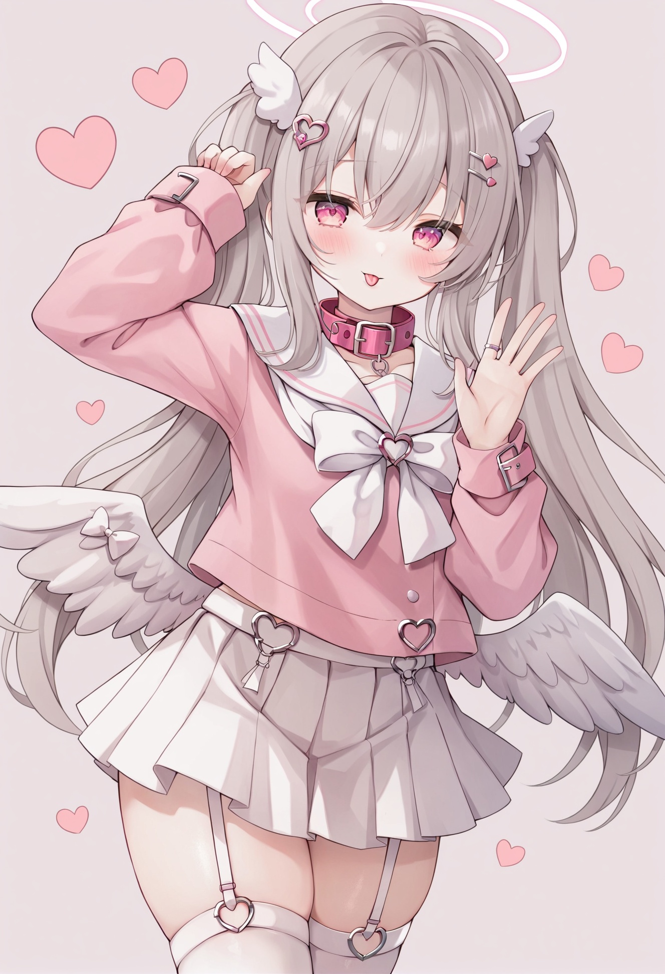 masterpiece, best quality,1girl, solo, skirt, halo, thighhighs, white background, long hair, pink eyes, simple background, twintails, shirt, hair ornament, white skirt, hair between eyes, pleated skirt, white thighhighs, long sleeves, sailor collar, tongue out, heart o-ring, tongue, looking at viewer, sleeves past wrists, collar, bow, wings, serafuku, school uniform, hairclip, o-ring, hands up, white hair, choker, angel wings, garter straps, drill hair, white bow, grey hair, pink shirt, thigh strap, pink collar, white sailor collar, legwear garter, bowtie, heart, white bowtie 