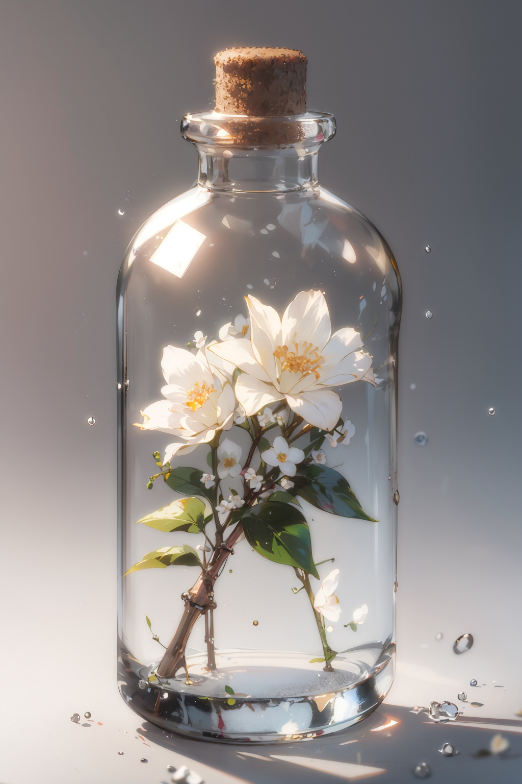 masterpiece,best quality,(ray tracing,cinematic lighting),glass bottle,close-up,white flower,blurry background,grey background,blurry foreground,simple background