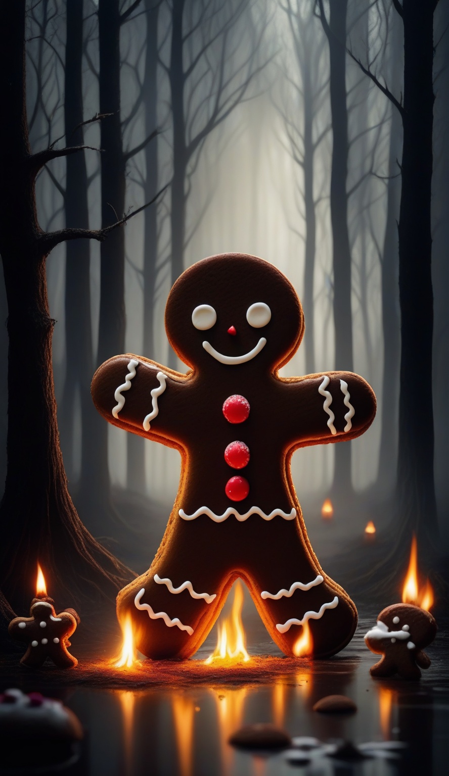 Dark fairy tales,A spooky gingerbread man in a forest setting,with flames and scattered candy pieces around.,