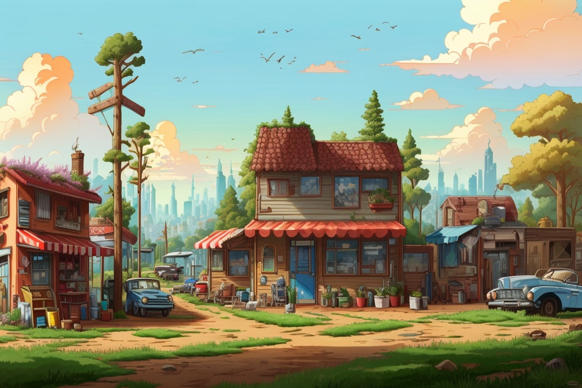 ((HRD, HUD, 8K)),((masterpiece, best quality)), highly detailed, soft light,GameScenes, tree, scenery, motor vehicle, no humans, ground vehicle, outdoors, car, building, sky, cloud, sign, bird, road, city, window, grass, cityscape, plant, <lora:20240330-1711769468704:0.9>