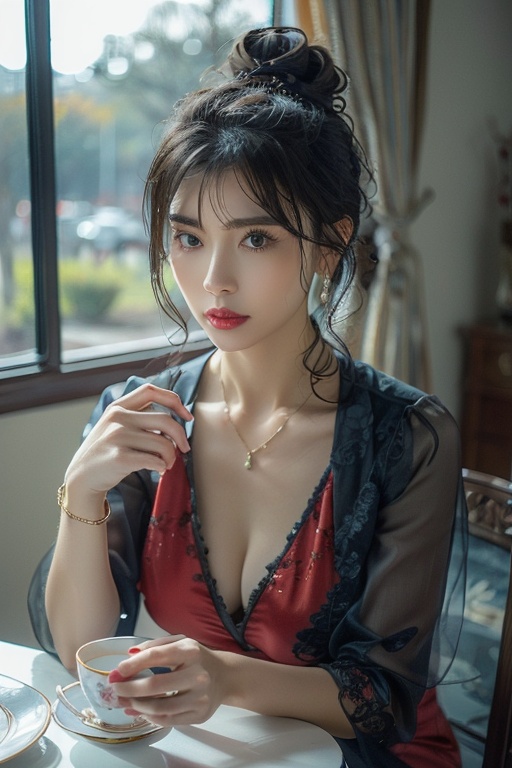1girl,solo,breasts,looking at viewer,black hair,hair ornament,dress,holding,cleavage,jewelry,medium breasts,upper body,earrings,parted lips,detached sleeves,indoors,necklace,hair bun,bracelet,cup,lips,window,chinese clothes,red dress,table,single hair bun,ring,plate,teacup,realistic,red lips,teapot,tea,saucer,lattice,pov across table