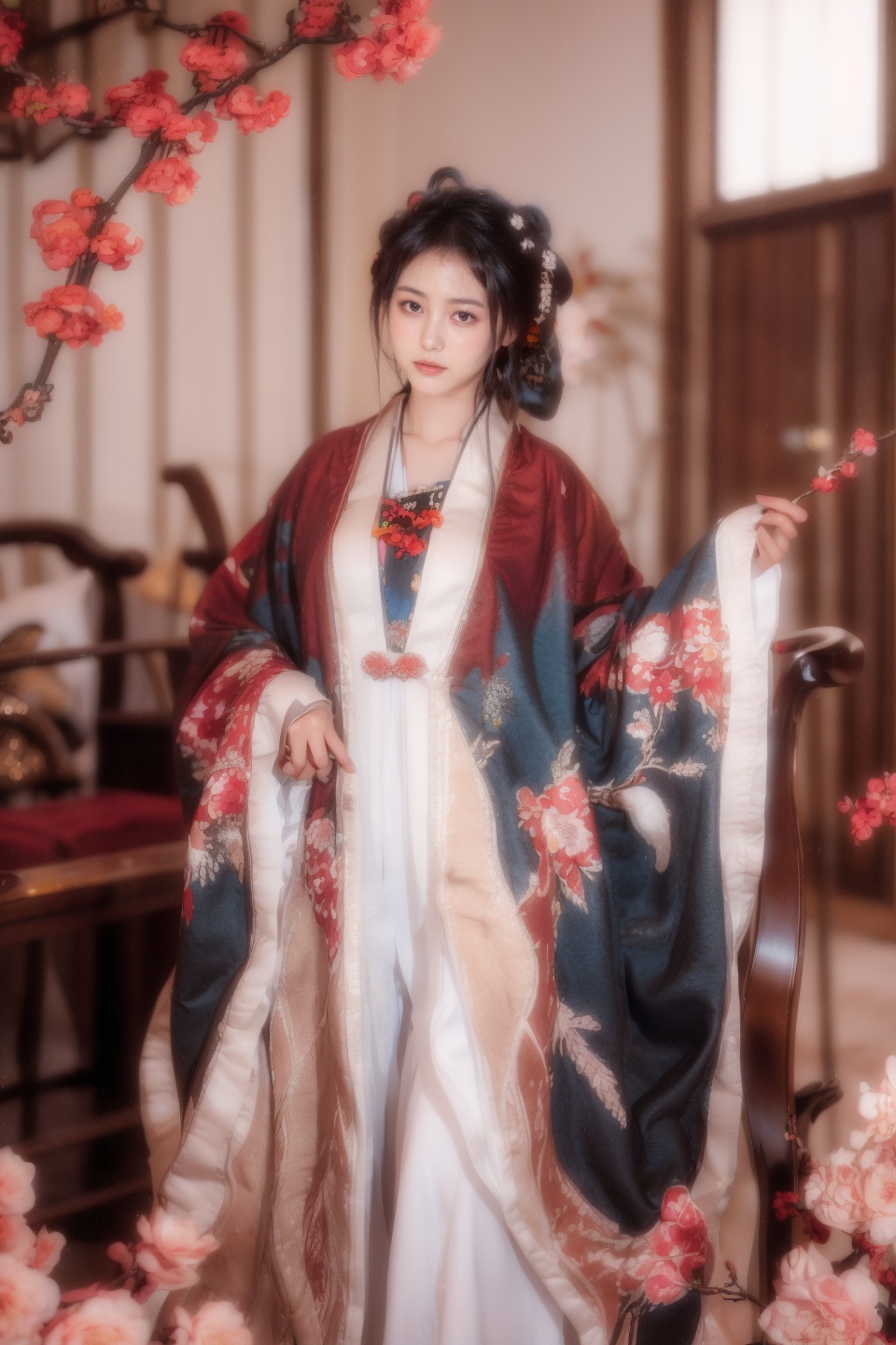 masterpiece,best quality,ultra high res,<lora:aw13xin_lora:1>,chinese clothes,hanfu,<lora:13honghanfu:1>,1girl,looking at viewer,gigantic_breasts,yosshi film,Watercolor painting,lily patterns,white and light pink colors,layered flower shapes,delicate leaves and branches,spacious composition,Eastern and Western fusion,artistic elegance,