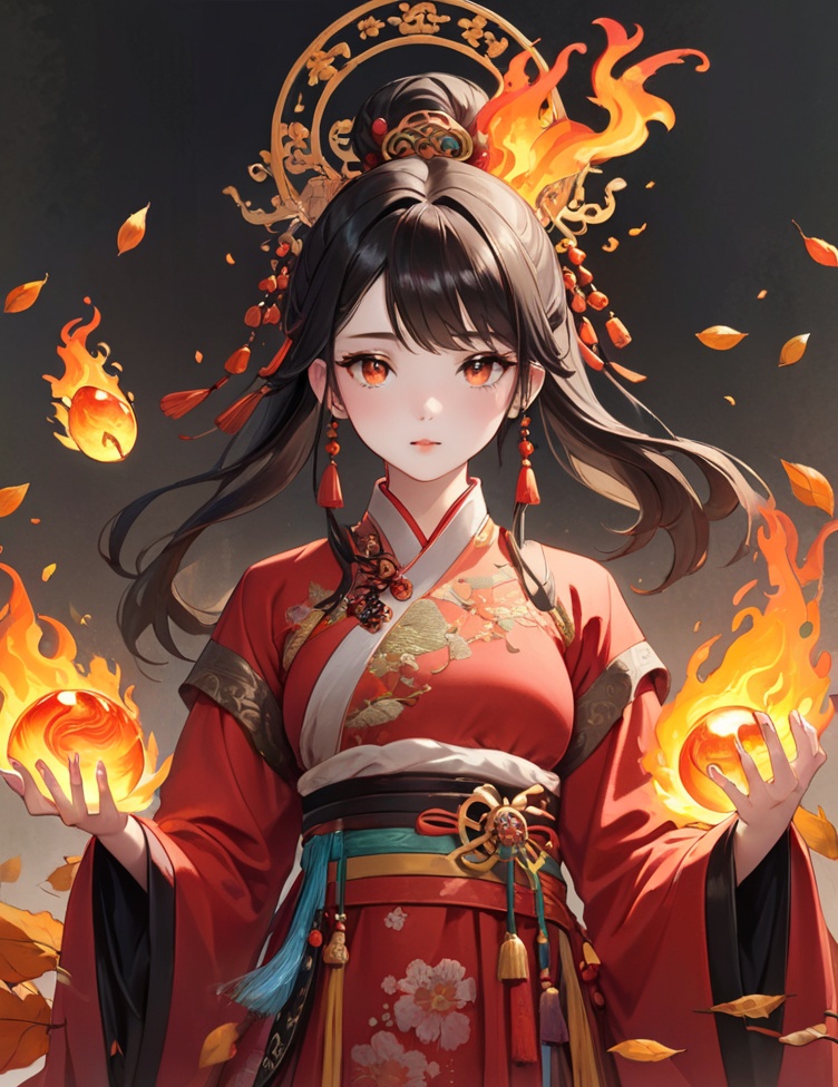 A mesmerizing and visually stunning artwork featuring a single female figure, created by a renowned artist, showcasing intricate details and vibrant colors. Official art quality with a strong aesthetic appeal. High resolution rendering in 4K, huliya, 1girl, flame, , featuring autumn fallen leavesGemstones, ornaments, flash, diffusion, juemei, , chang, Punk, linkedress_red dress, hanfu, mgirl, qtcg, full_body, Light master, leidianjiangjun, shenzi, shenzi,